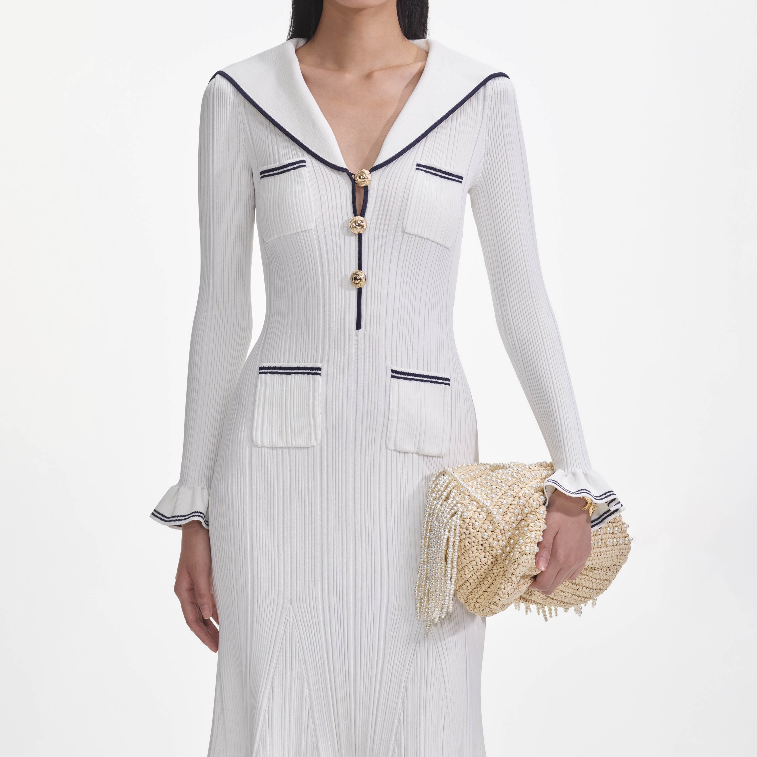 White Viscose Rib Knit Midi Dress - 4