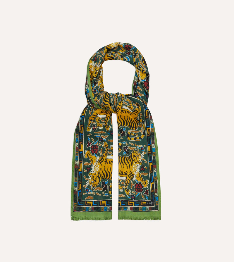 Green Tiger Print Wool-Silk Scarf 4