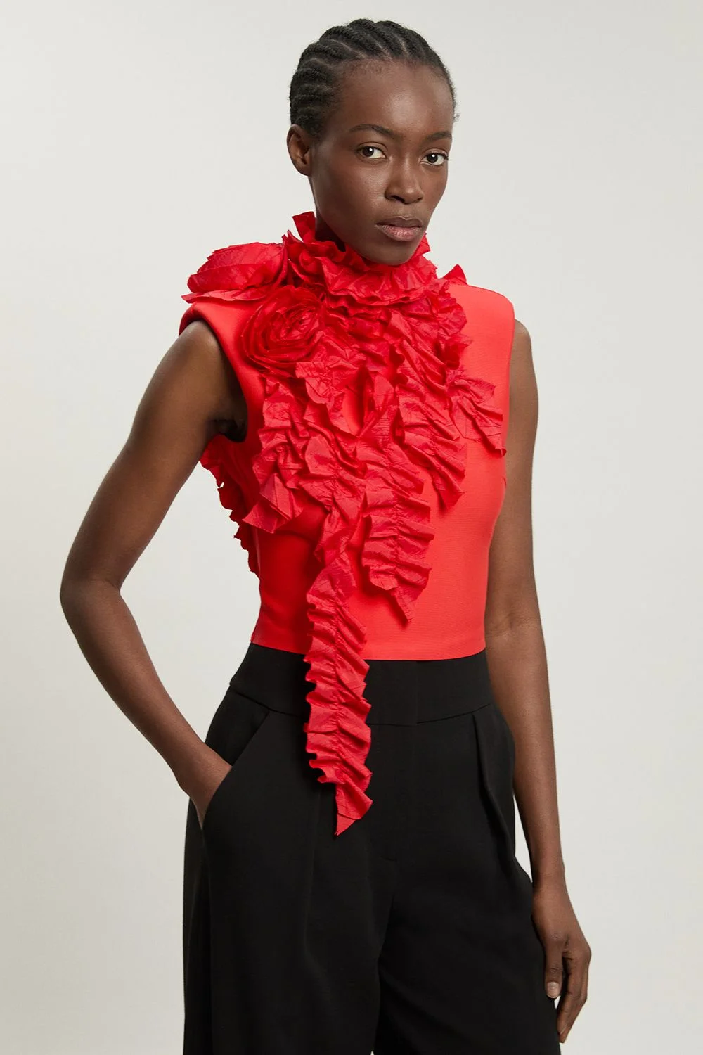 Figure Form Bandage Knit Woven Rosette Detail Top - 1
