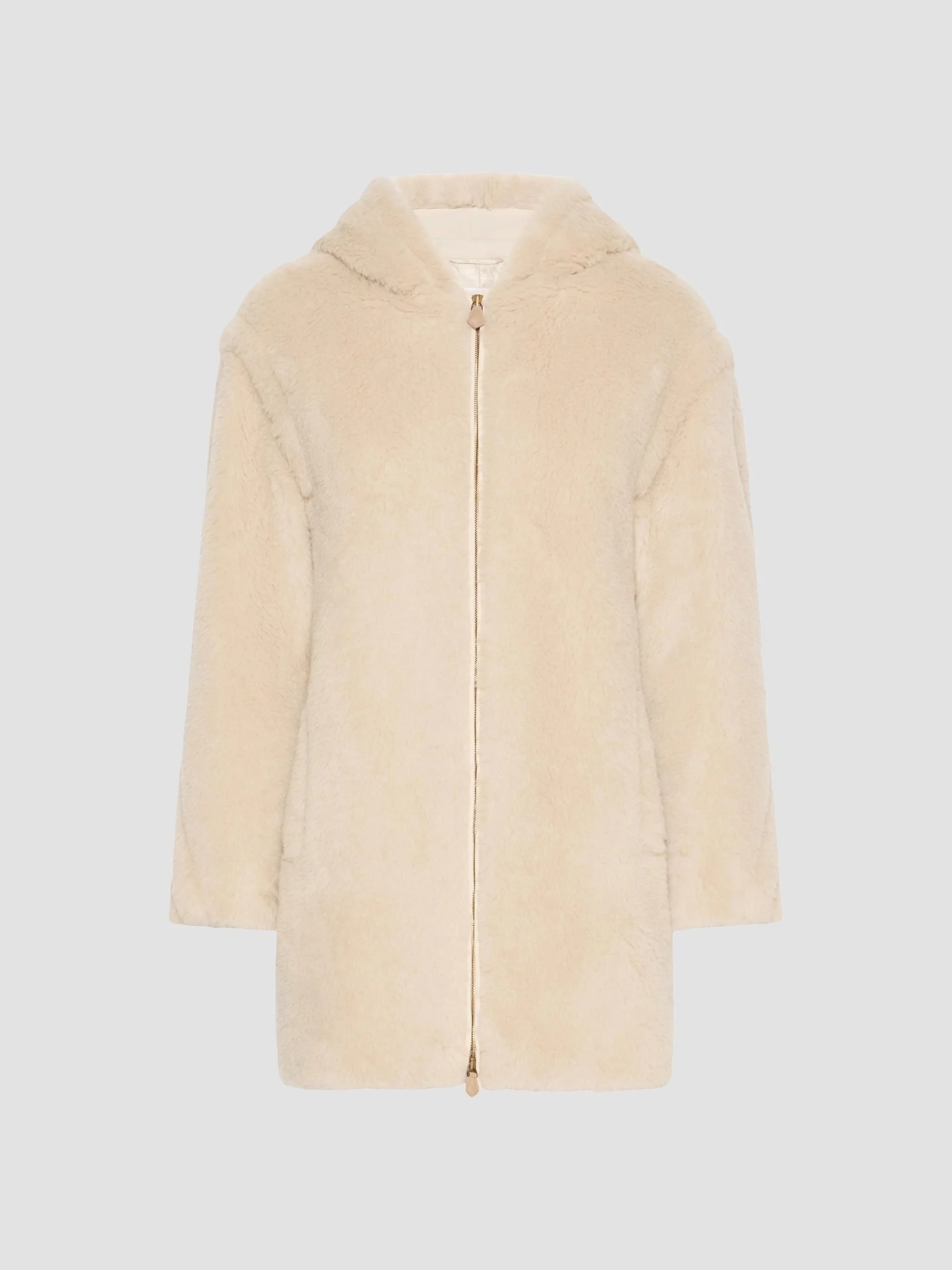 Women's Alpaca and Wool Teddy Fabric Hooded Coat - Beige - 1