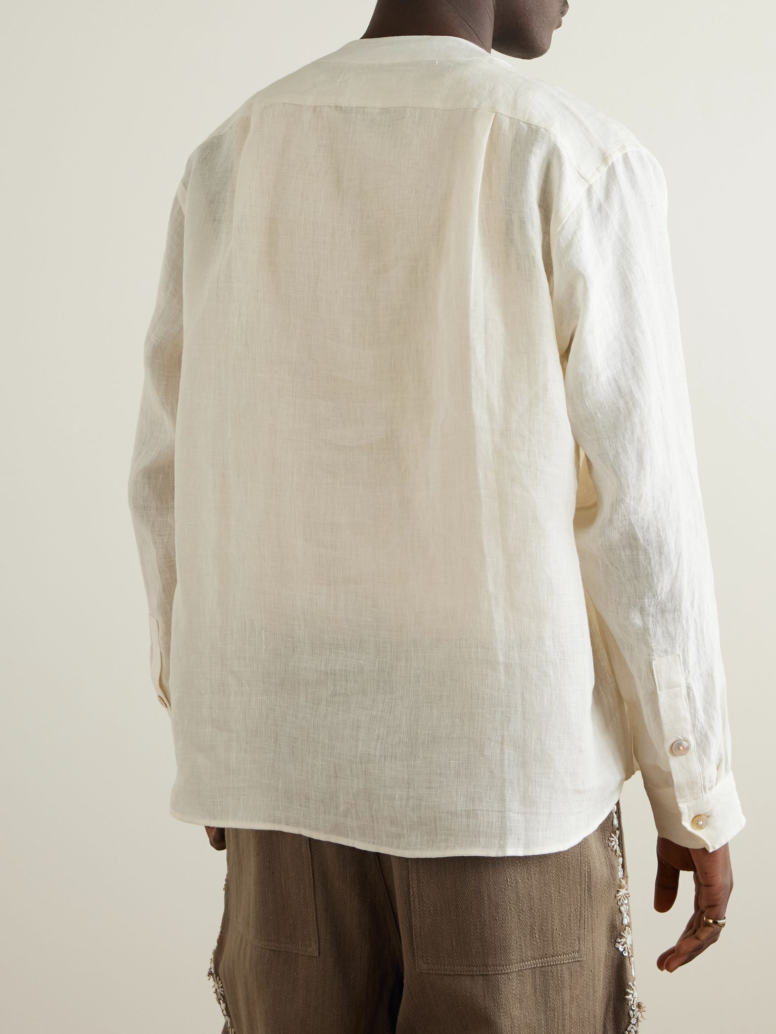 Grandad-Collar Linen Shirt White - 3