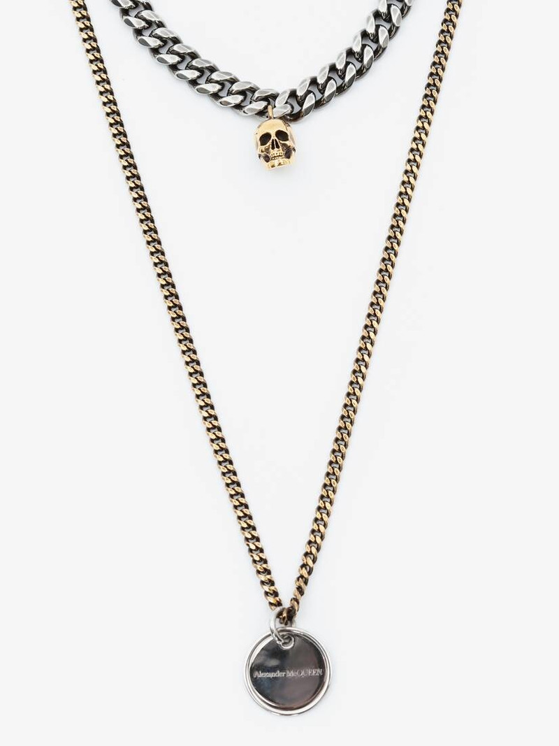 Alexander McQueen Coin And Skull Double Layer Necklace in Silver/gold outlook