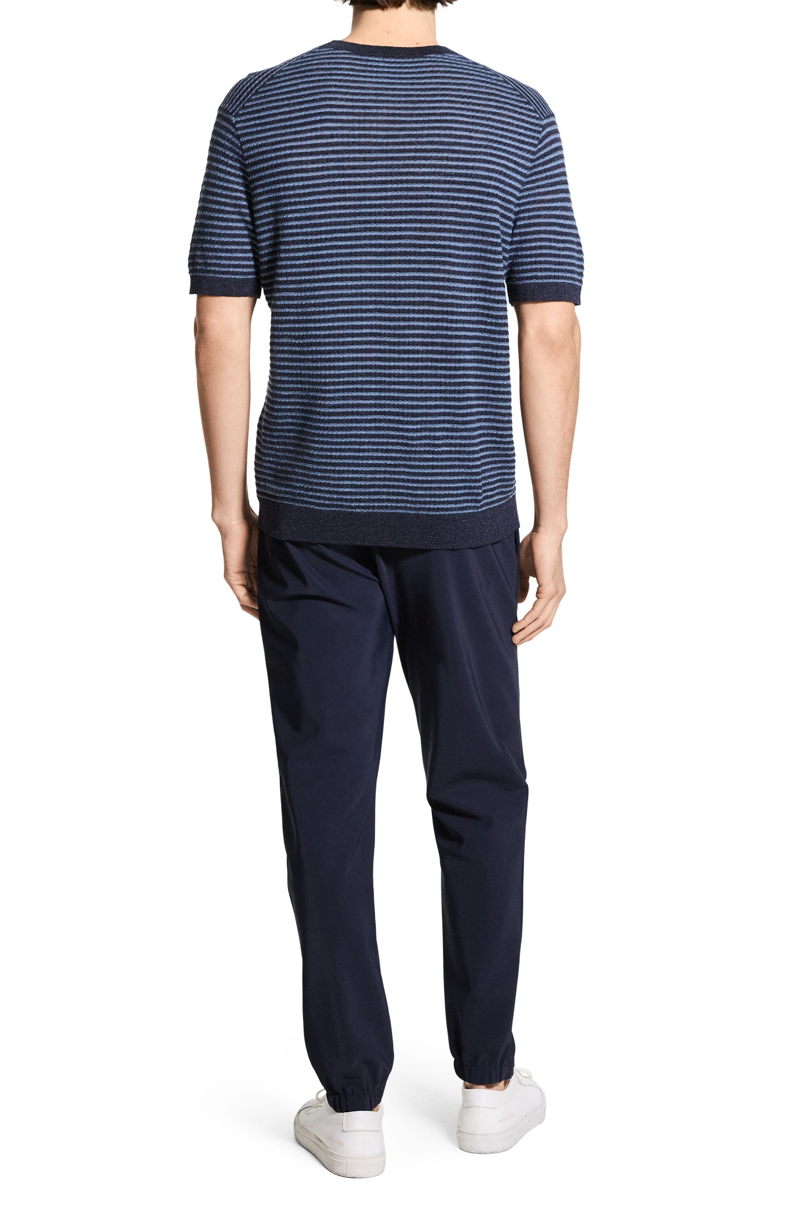 Theory Stripe Short Sleeve Linen & Cotton Blend Crewneck Sweater in Baltic/dark Rainstorm - 8