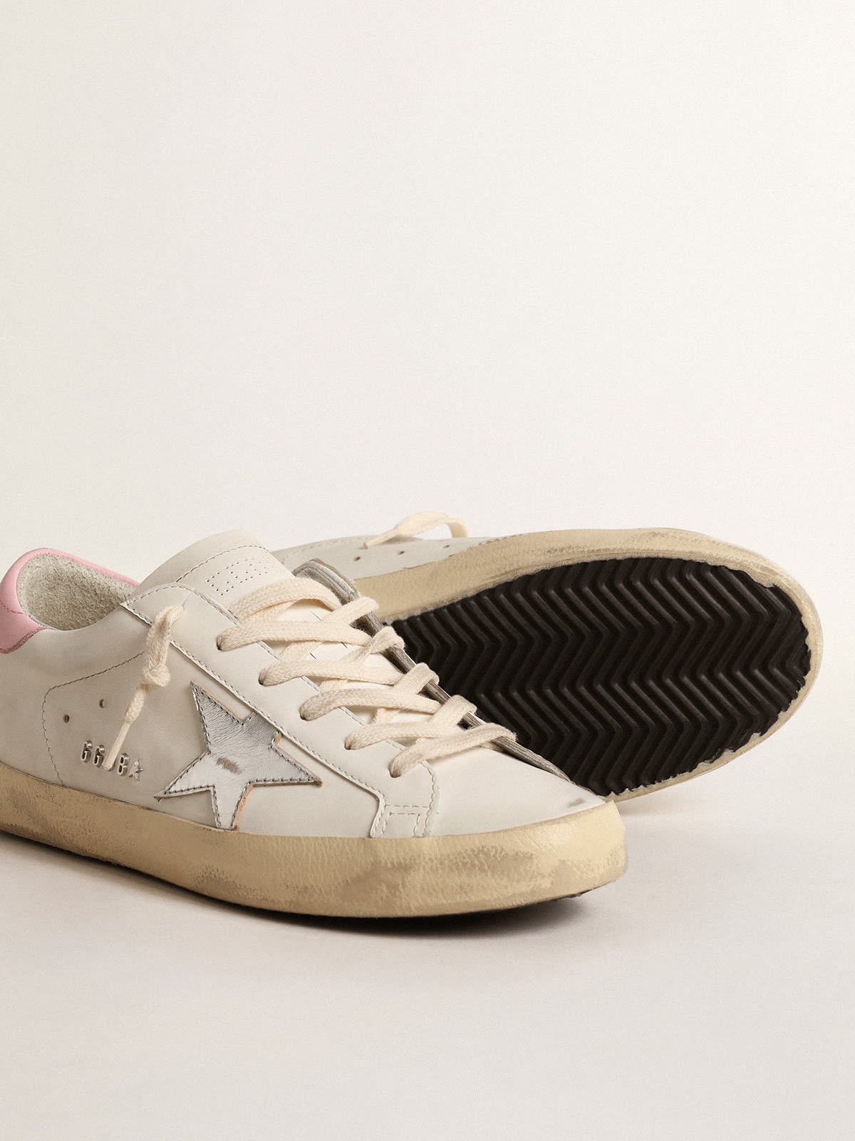 ☆Golden ☆SUPERSTAR SILVER HEEL TAB PINK STAR SNEAKERS Super-Star LTD in pink leather with silver foiled leather