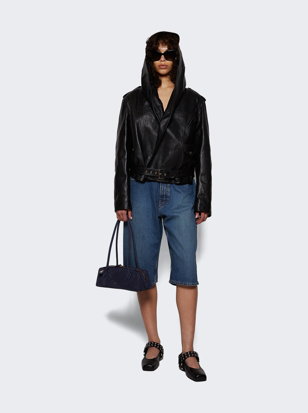 Leather Hooded Biker Jacket Black - 5