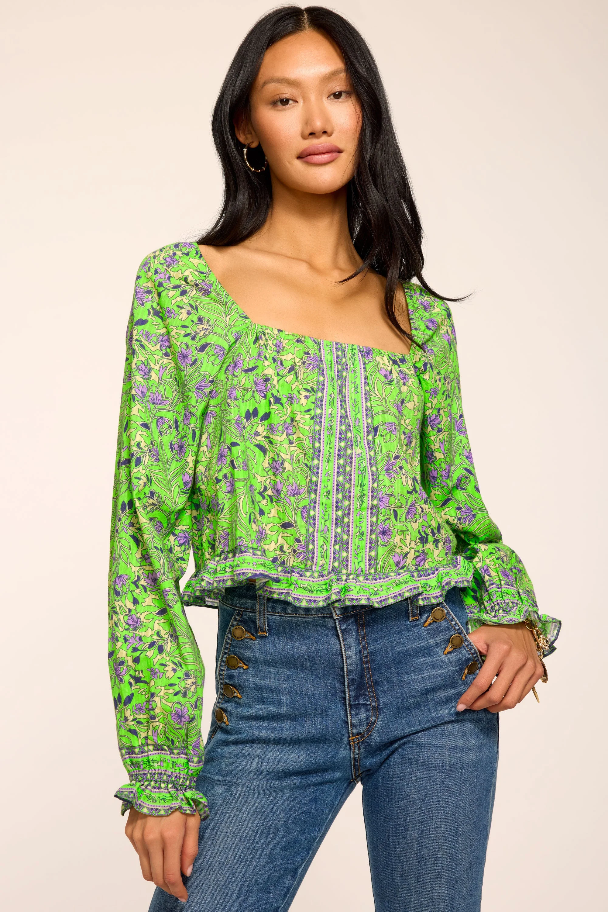 Farah Printed Cotton Long Sleeve Top - 1
