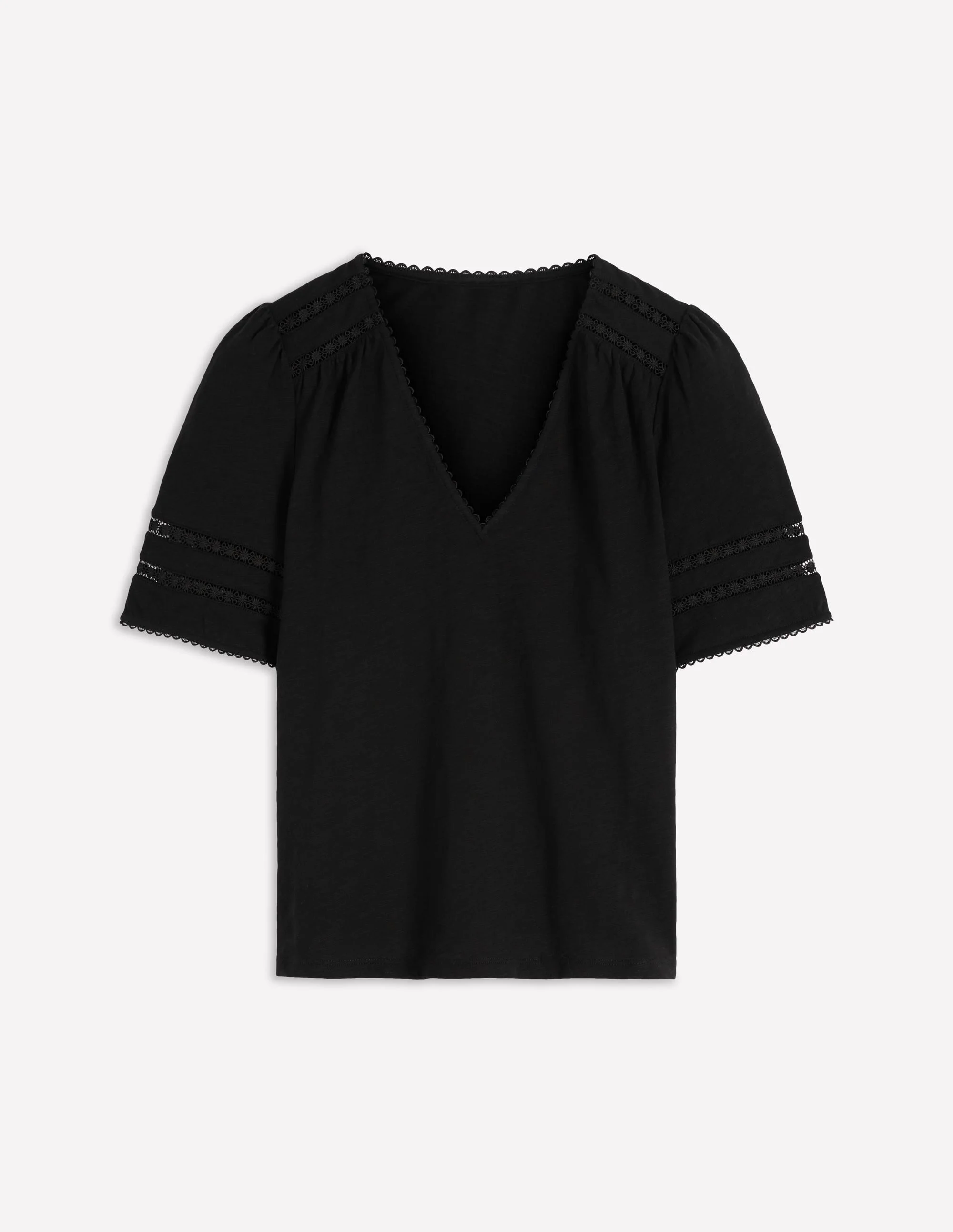 Poppy Trim V Neck T-Shirt-Black - 1
