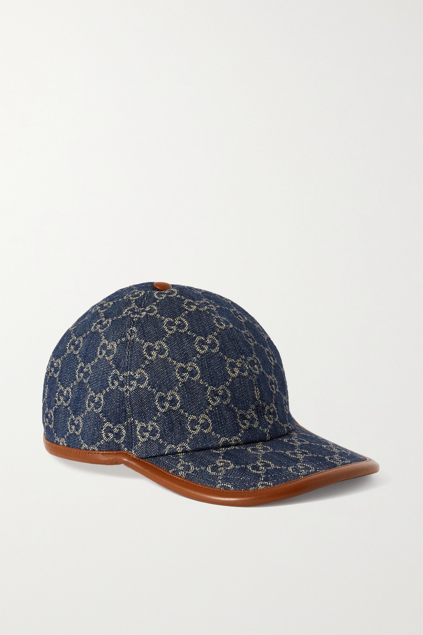 Leather-trimmed denim-jacquard baseball cap - 1