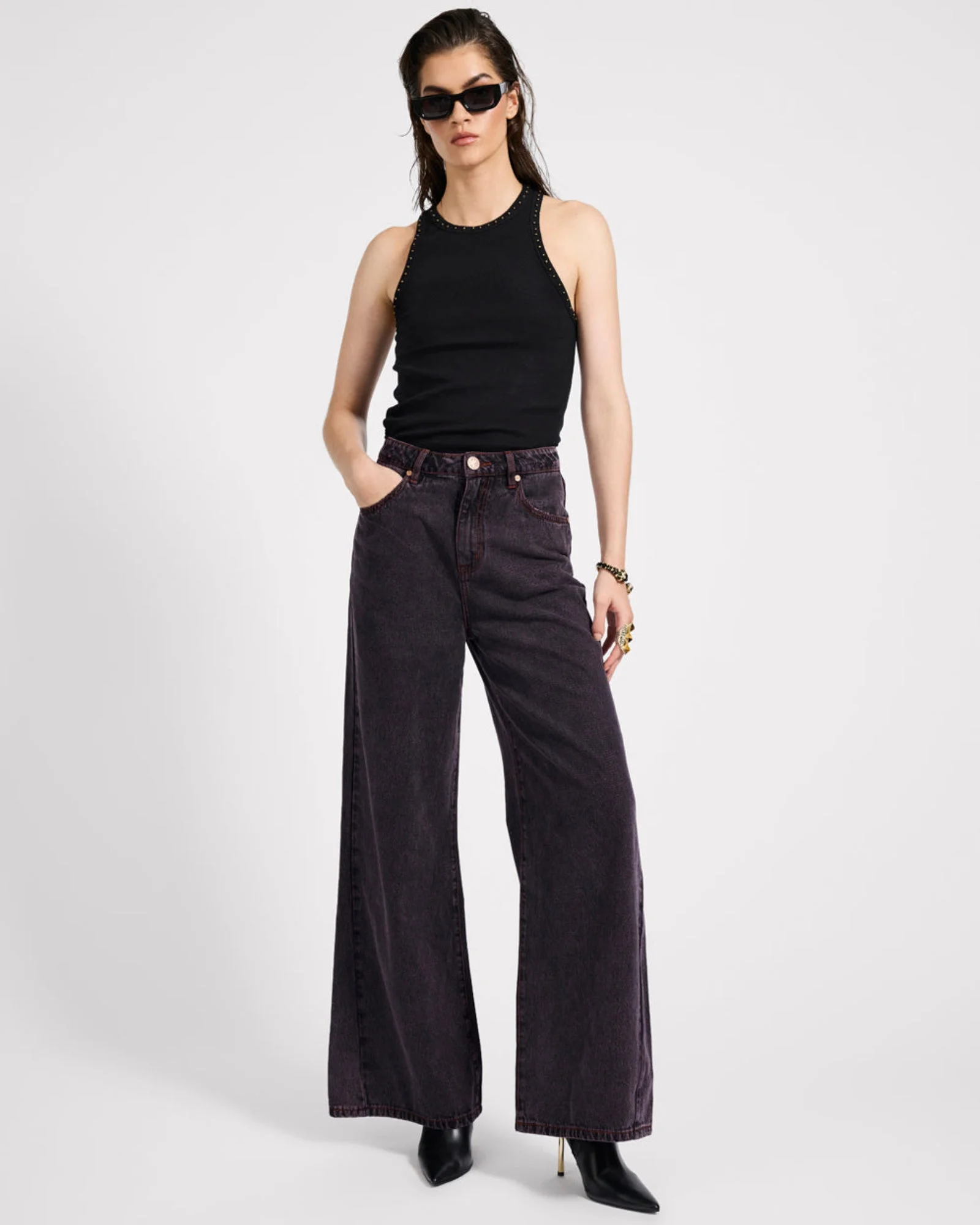 Love Machines Mid Waist Super Wide Leg Denim Jeans - Black Pink - 1