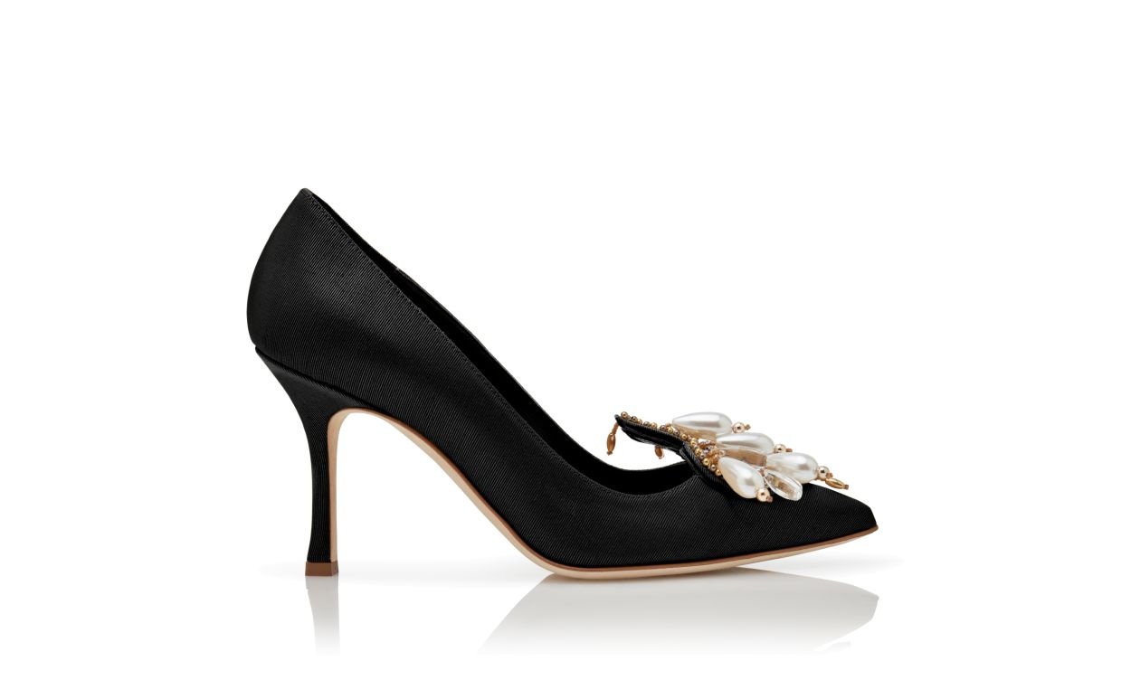 Black Grosgrain Embellished Pumps - 1