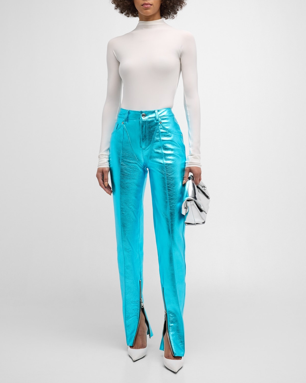 Metallic Leather Chap-Paneled Tapered-Leg Zip-Hem Pants - 3