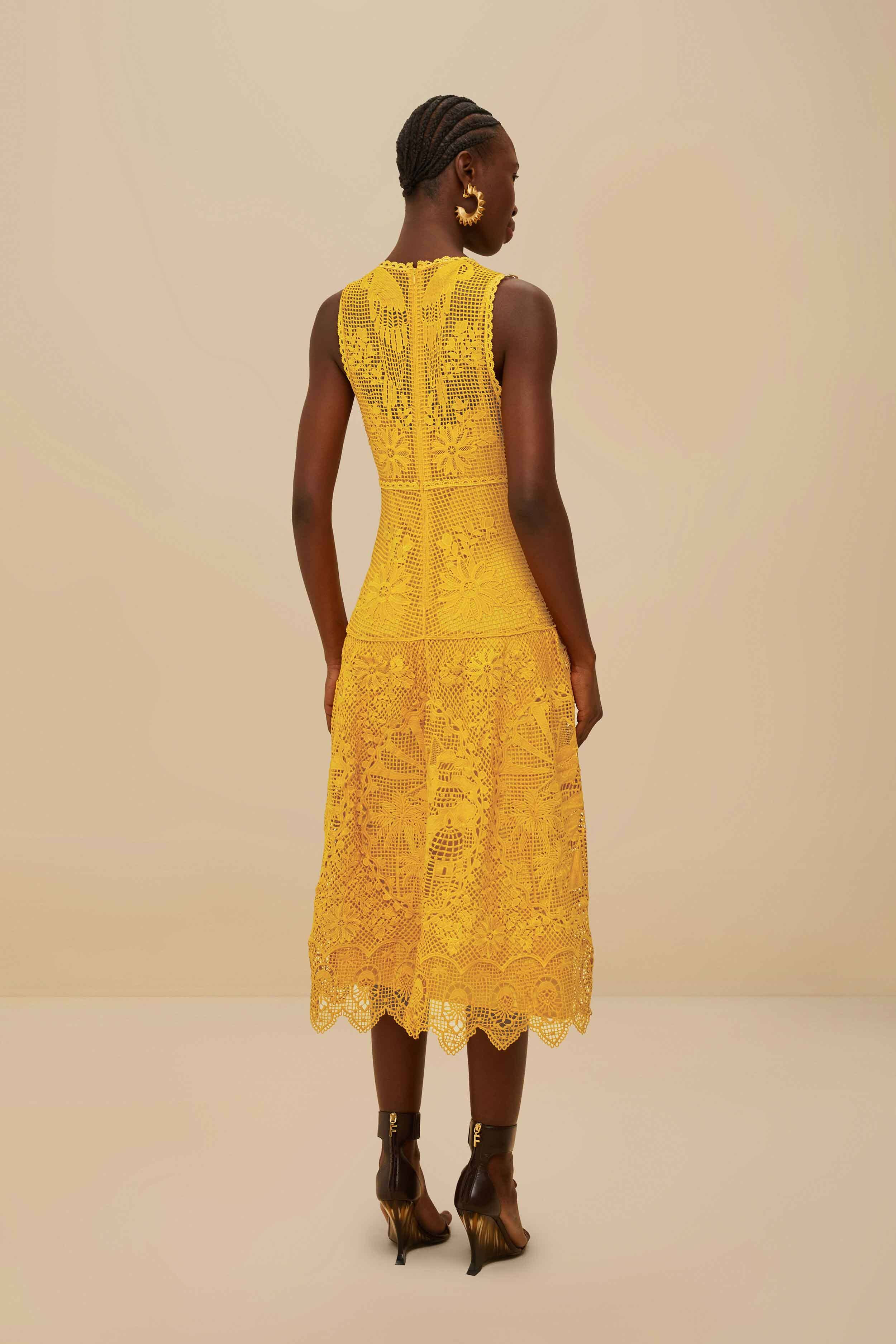 Landscape Guipure Mustard Yellow Midi Dress - 4
