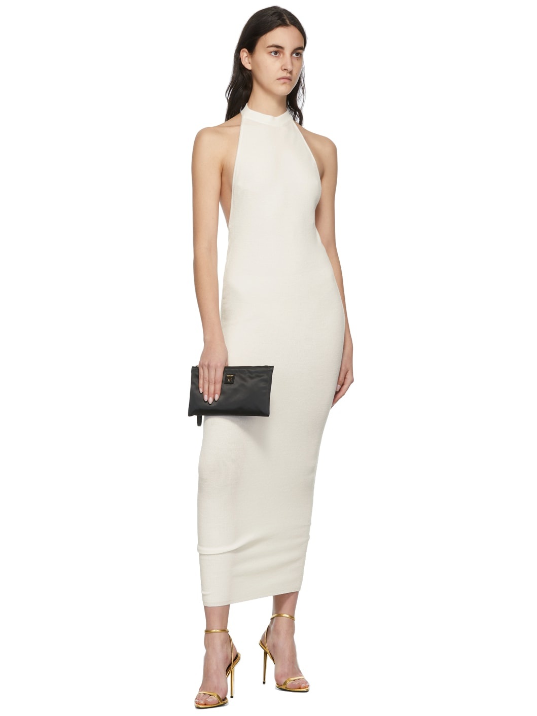 White Rib Knit Halter Dress - 4