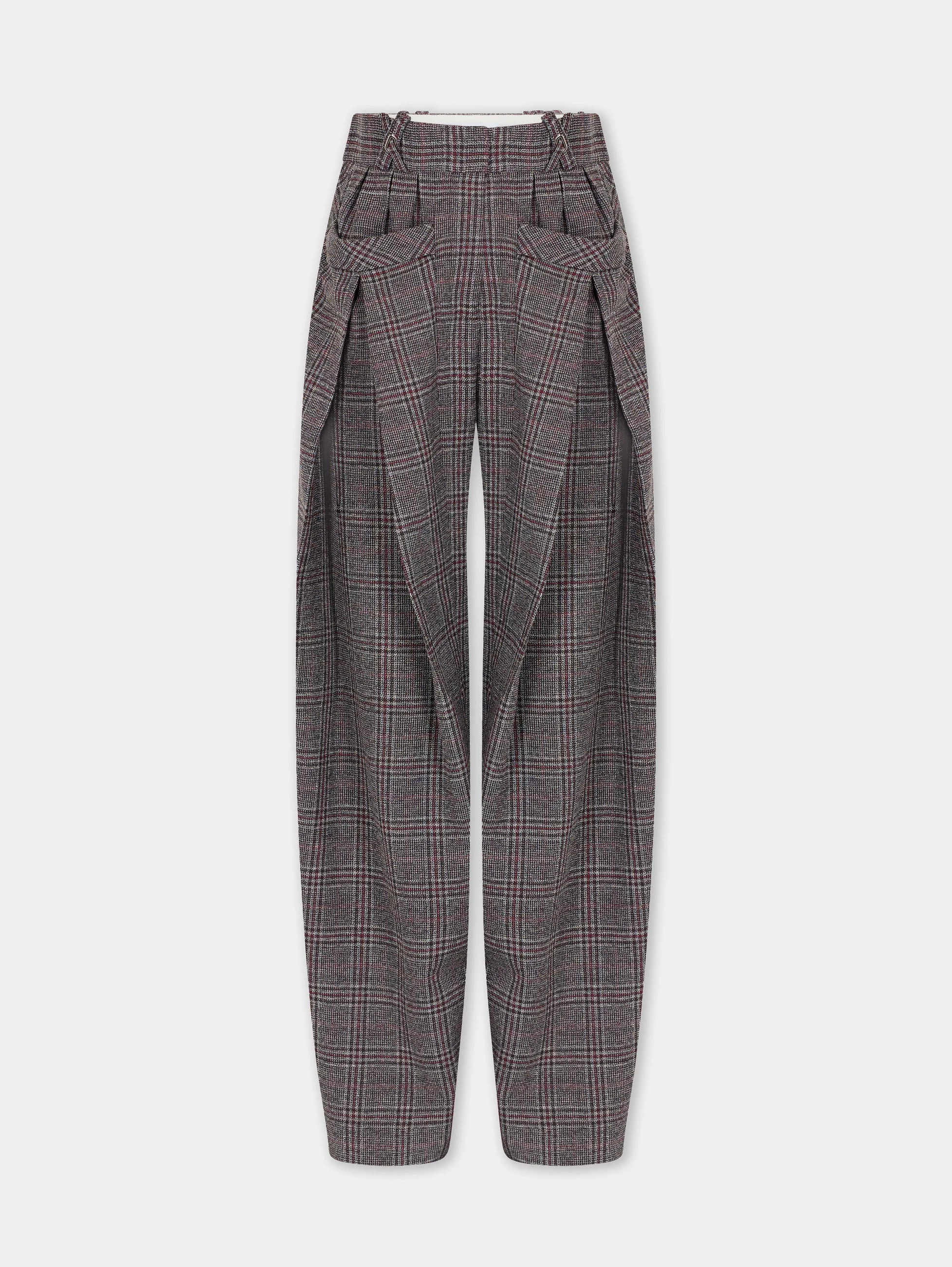 TAILORED WIDE LEG TROUSERS IN GREY TARTAN WOOL - 1