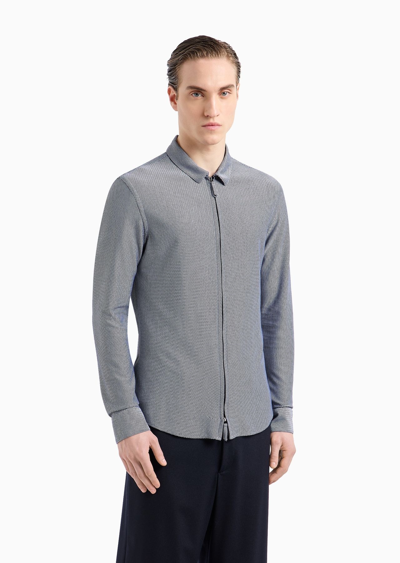 Slim-fit, zip-up shirt in a cotton-blend jersey with a chevron motif - 2