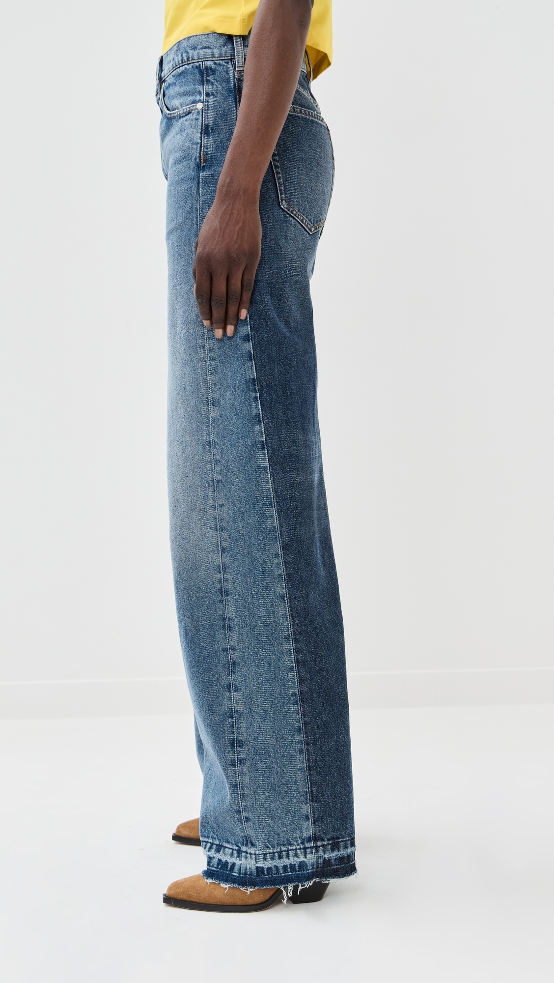 Two Tonal Fabric Paneled Wide Leg Jeans - 3