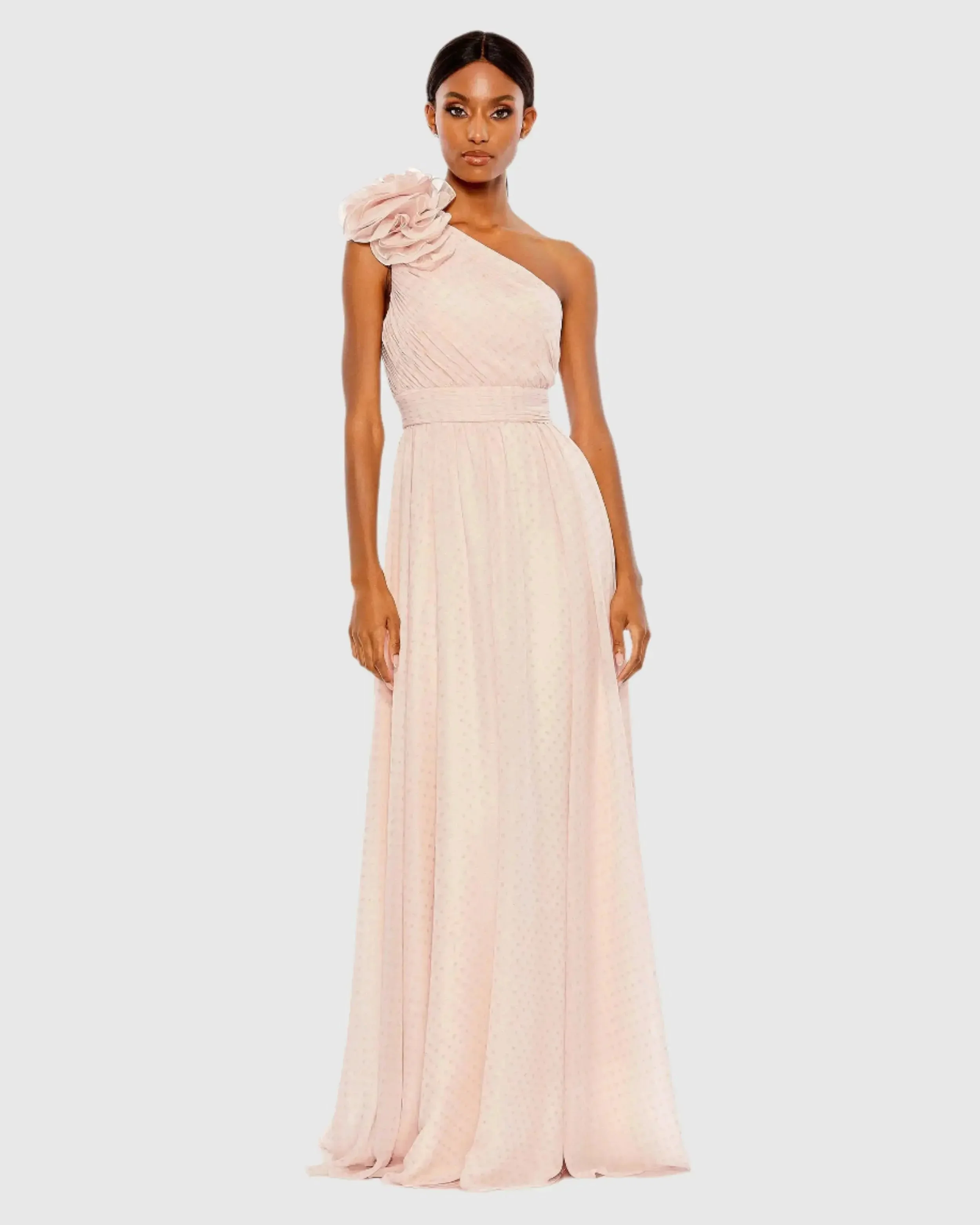 Pink One Shoulder Polka Dot Chiffon Gown With Ruffle Detail - 1