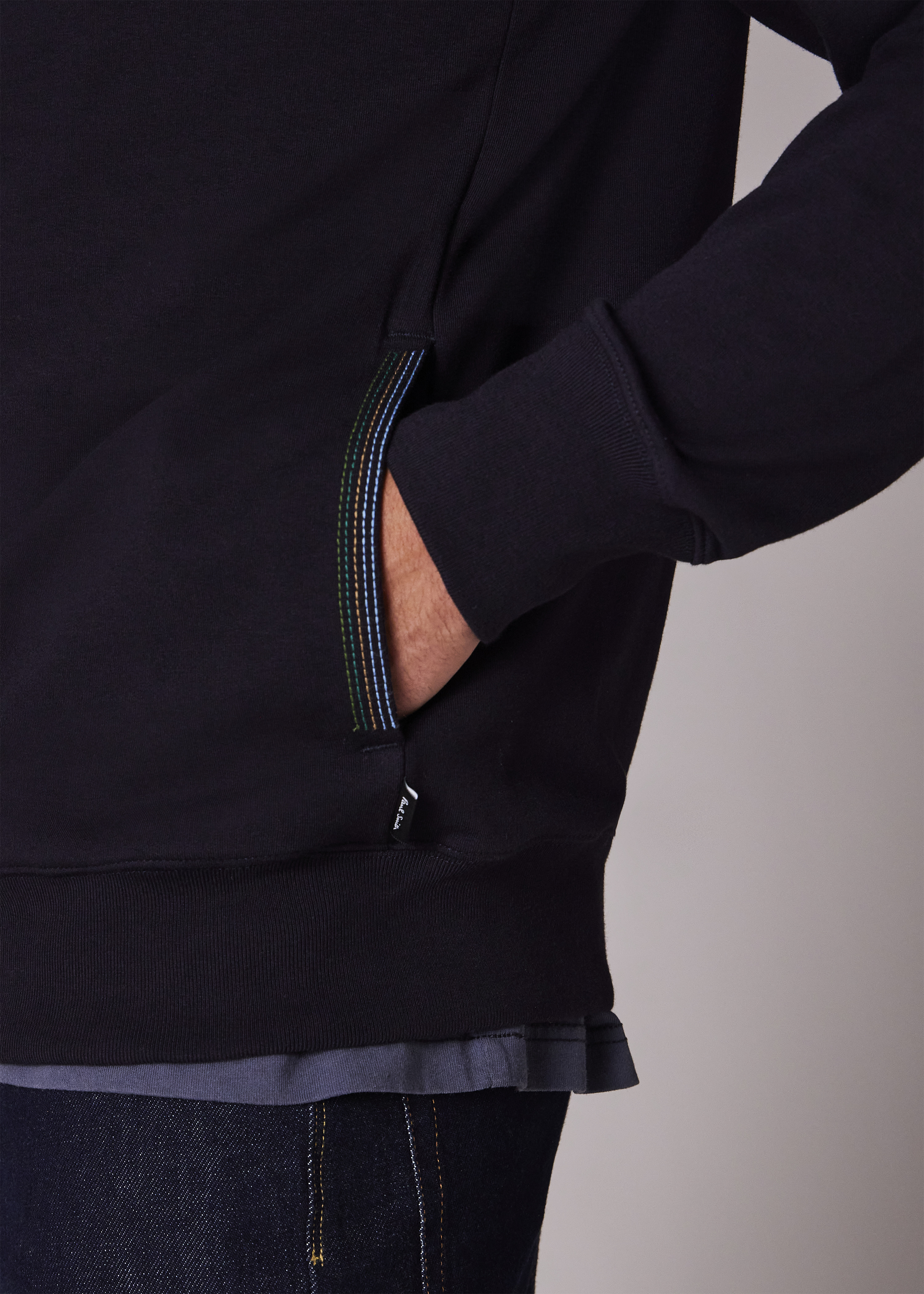 Navy Cotton-Blend Zip Sweatshirt with Contrast Placket Trim - 5