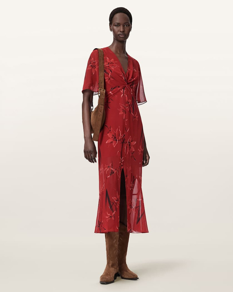 ALLSAINTS MOLLIE TWIST DETAIL FLORAL MIDI DRESS outlook