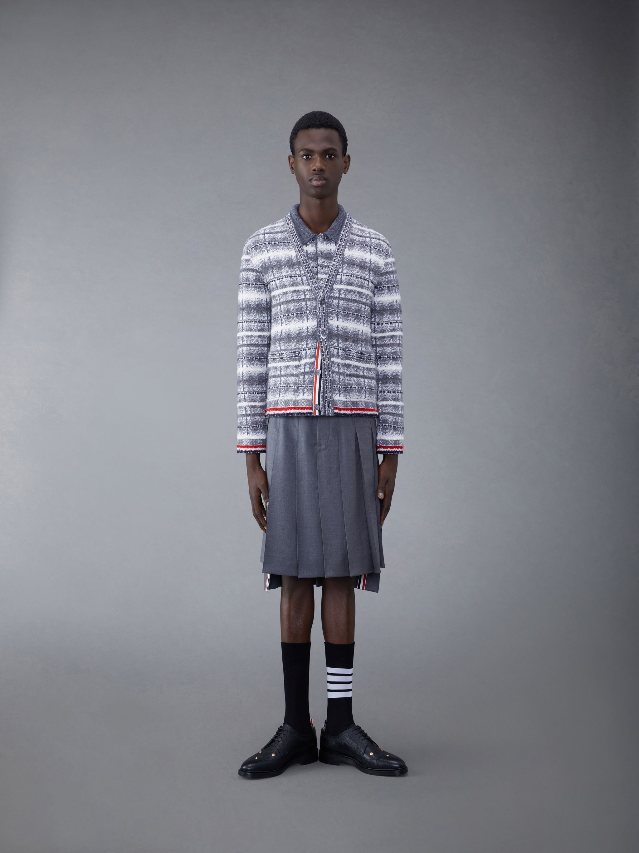 Tb Tartan Check Inlay Jacquard Classic V Neck Cardigan in Merino Wool & Mohair W/ Rwb Stripe - 2