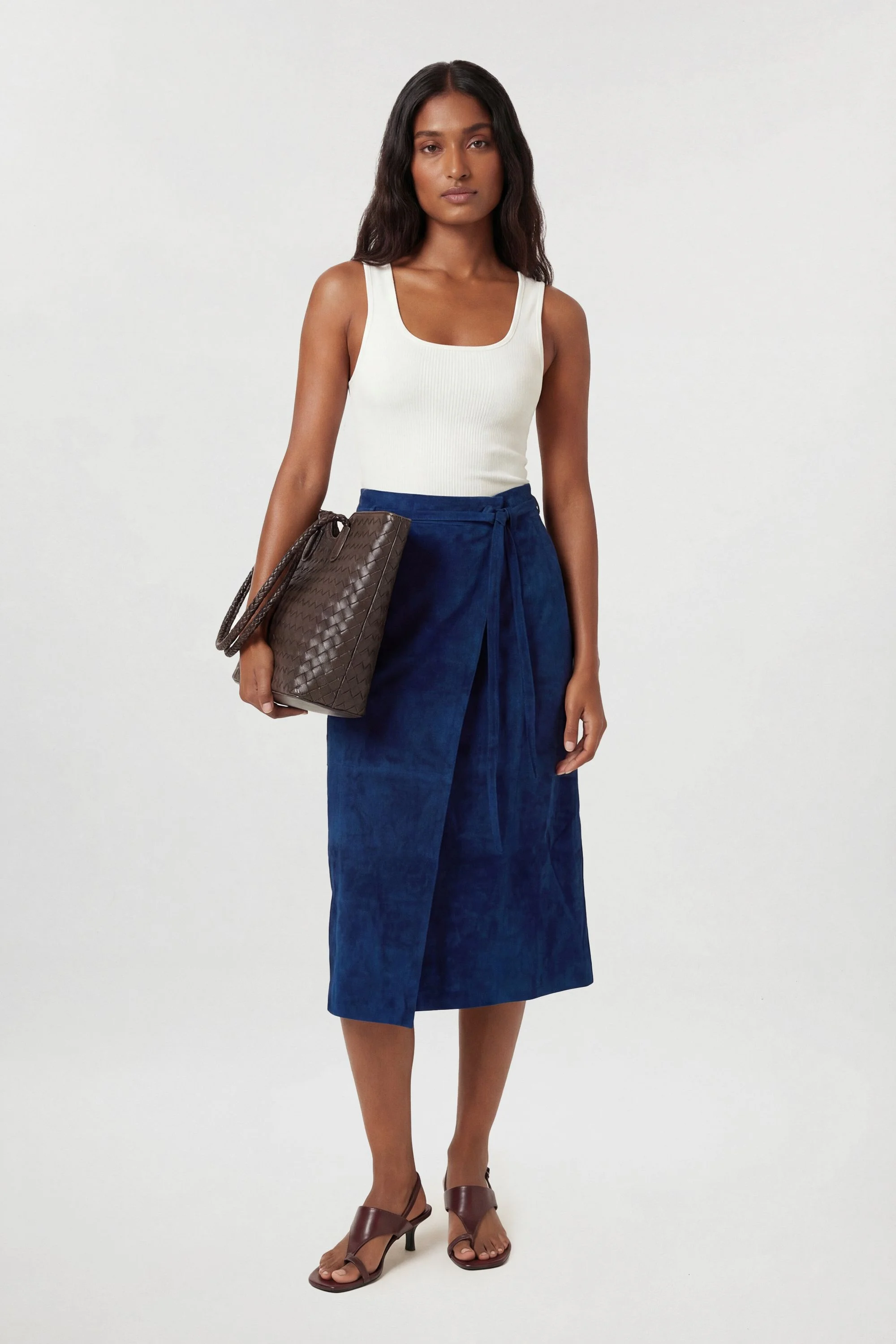 Suede Tie Belt Midi Skirt - 1