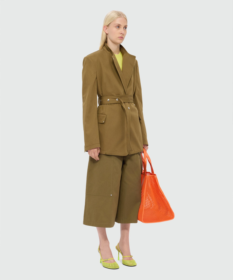 Military green cotton gabardine trousers with patch pockets and removable decorative belt 4