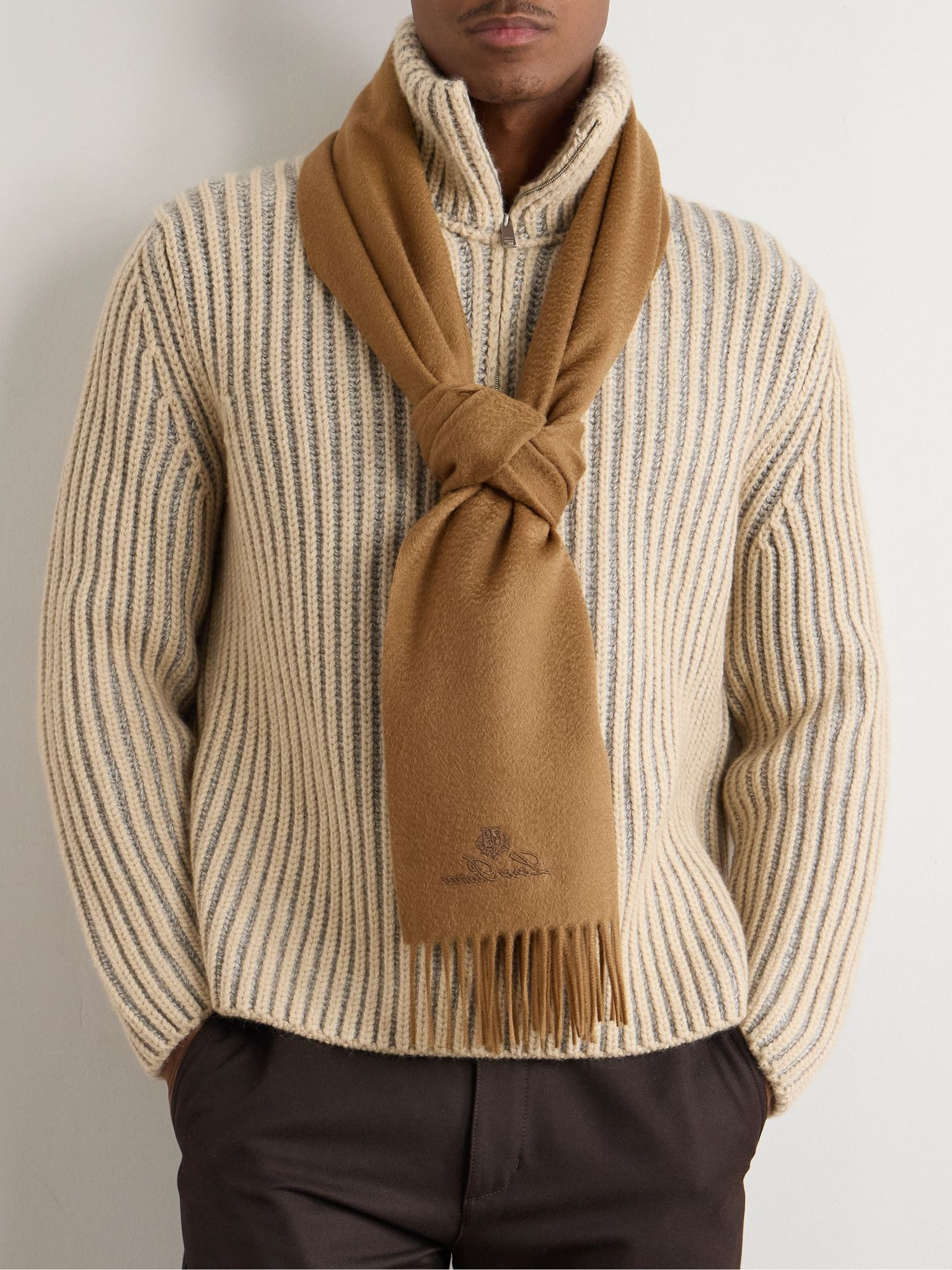 Logo-Embroidered Fringed Cashmere Scarf Brown - 2