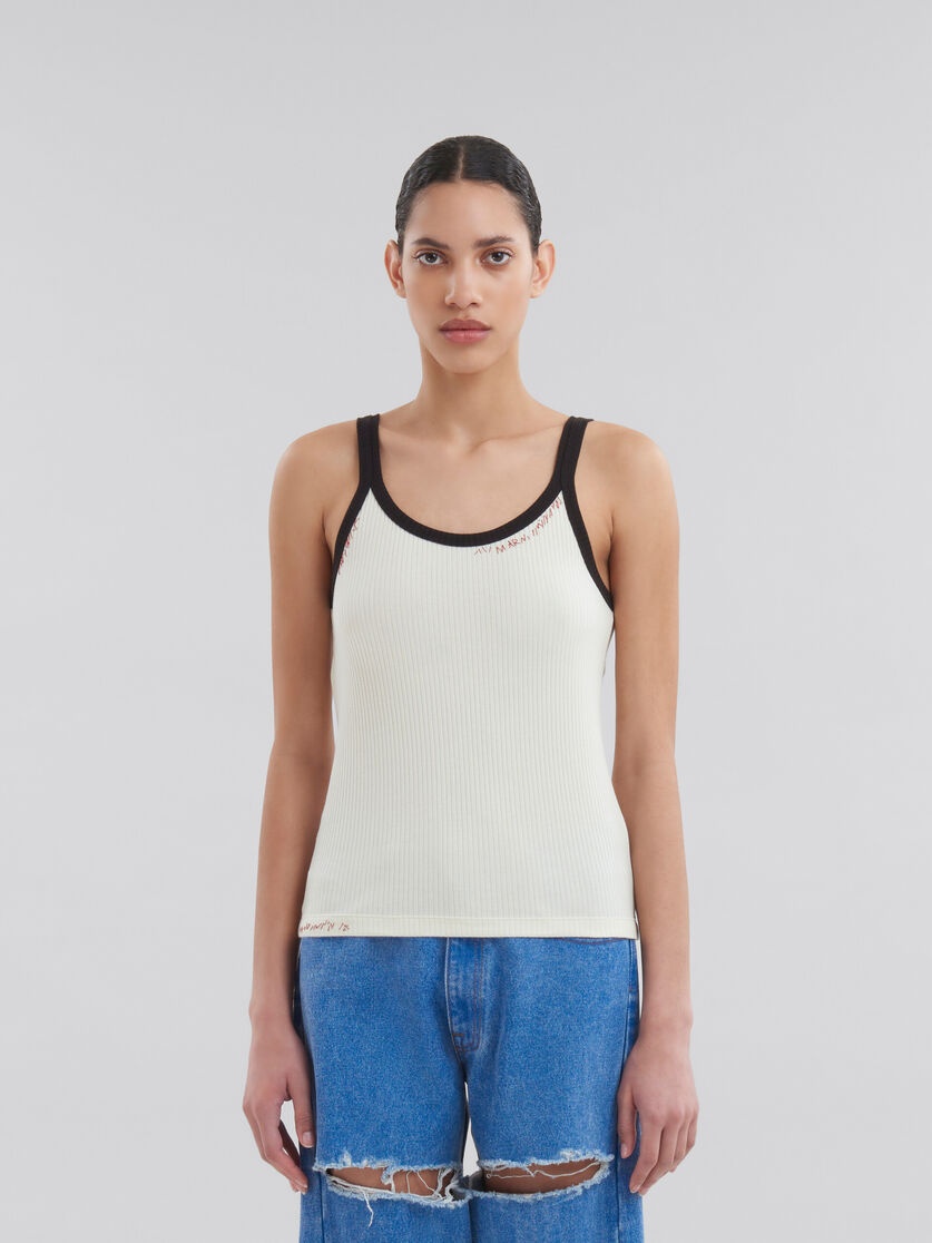 WHITE RIBBED COTTON TANK TOP WITH MARNI MENDING - 2