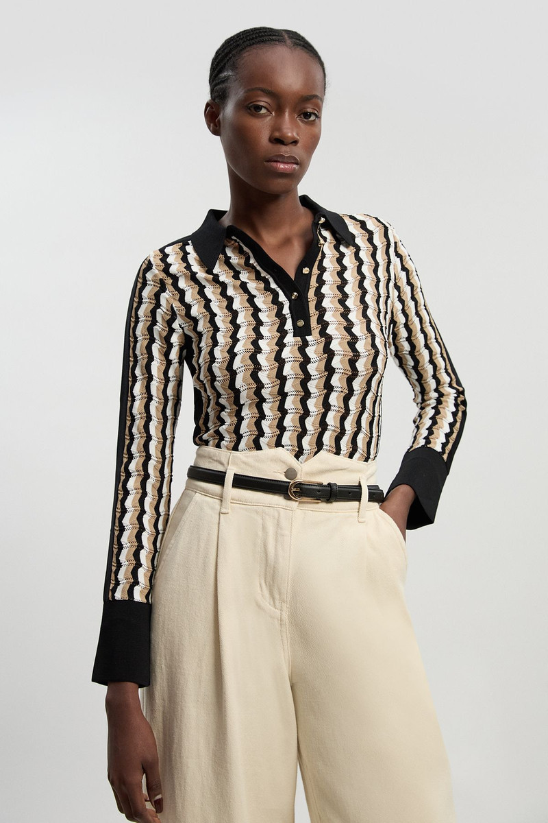 KAREN MILLEN Knit Pointelle Contrast Collared Top outlook