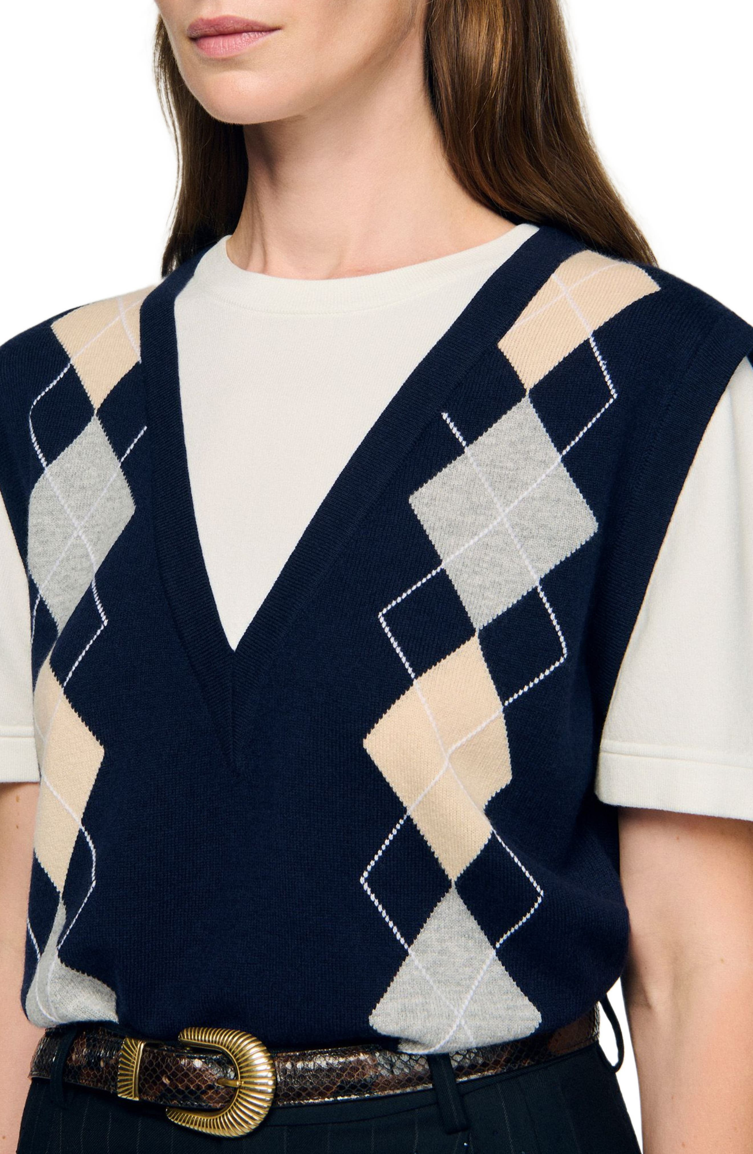 SANDRO Argyle layered effect sweater in Navy Blue at Nordstrom - 4