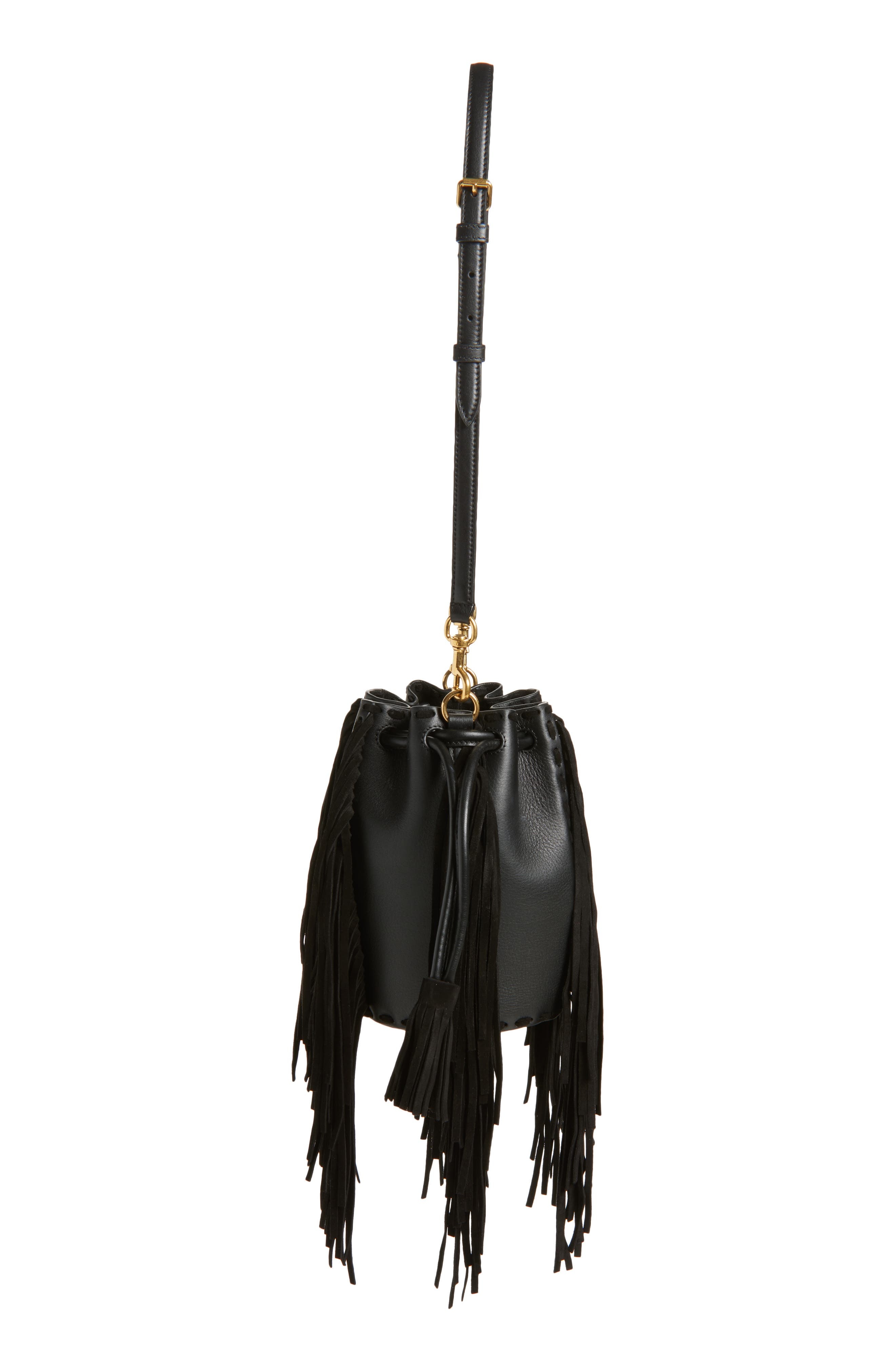 Valentino Garavani Small Nellcôte Fringed Leather Bucket Bag in Black at Nordstrom - 6