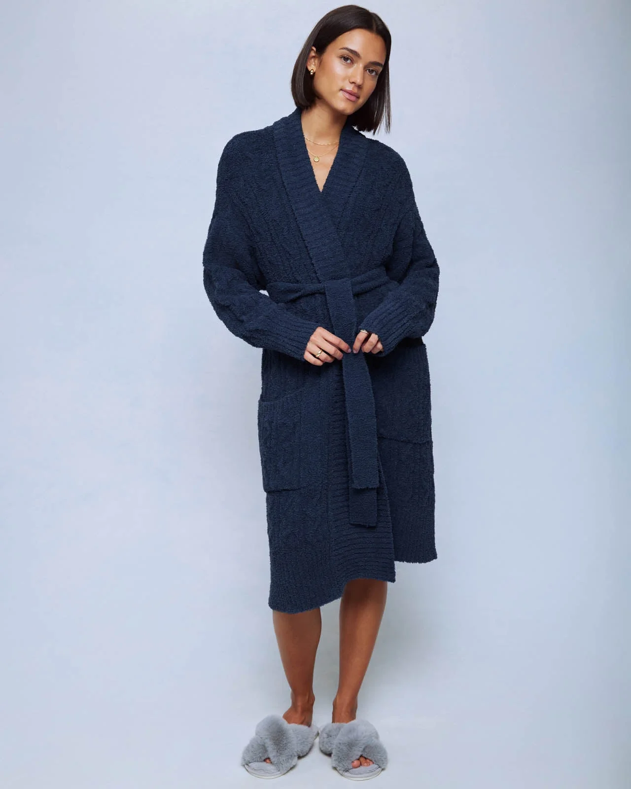 Navy Cozy Fuzzy PJ Cable Robe - 1
