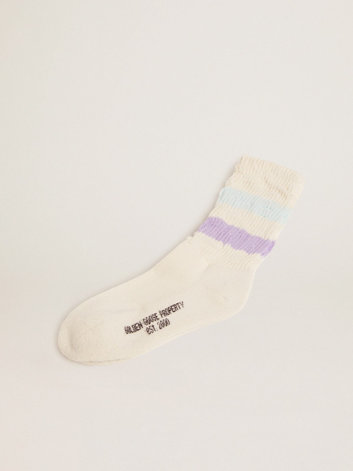 Distressed-finish white socks with lilac and baby blue stripes - 1