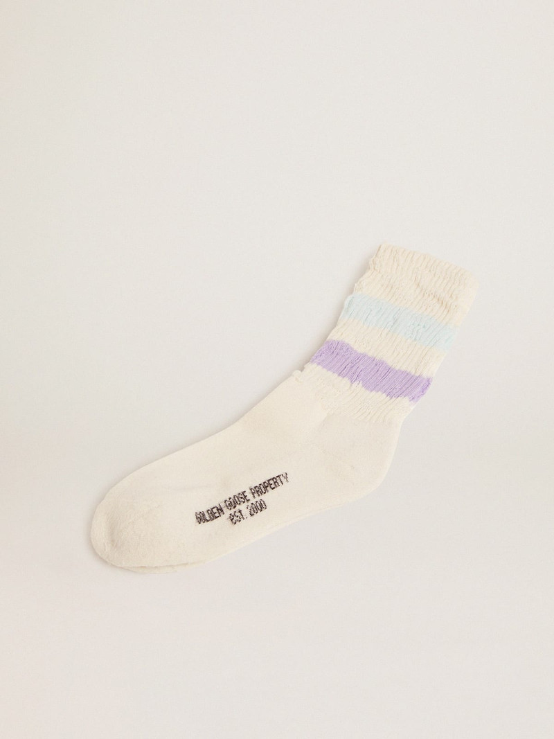 Distressed-finish white socks with lilac and baby blue stripes 1