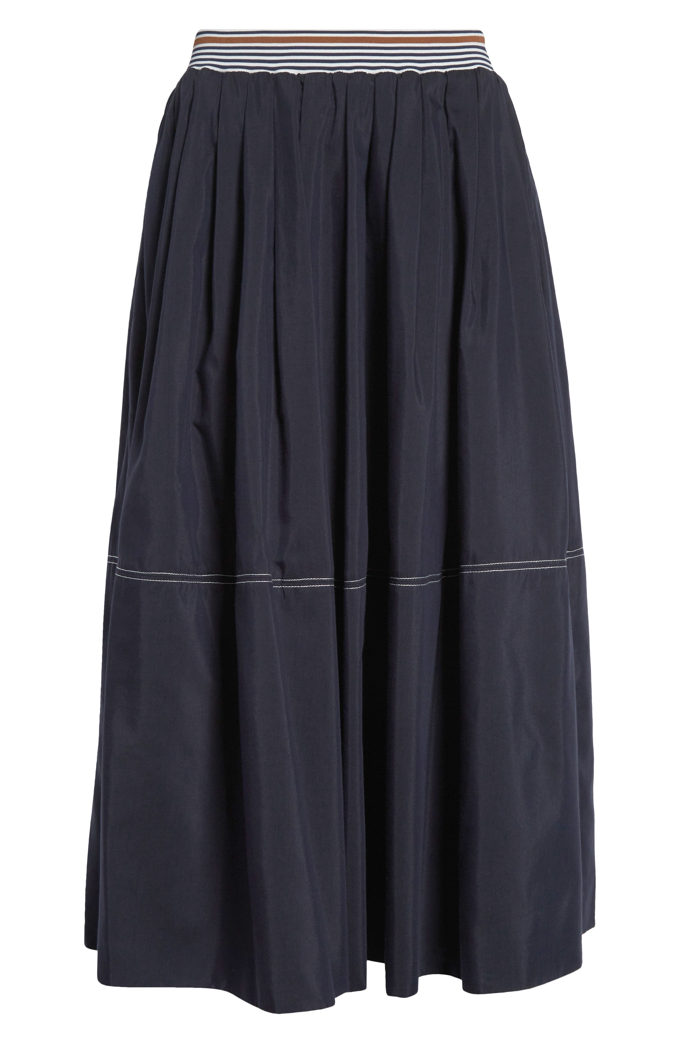 Veronica Beard Evelina Topstitch Detail Cotton & Silk Skirt in Navy at Nordstrom - 6