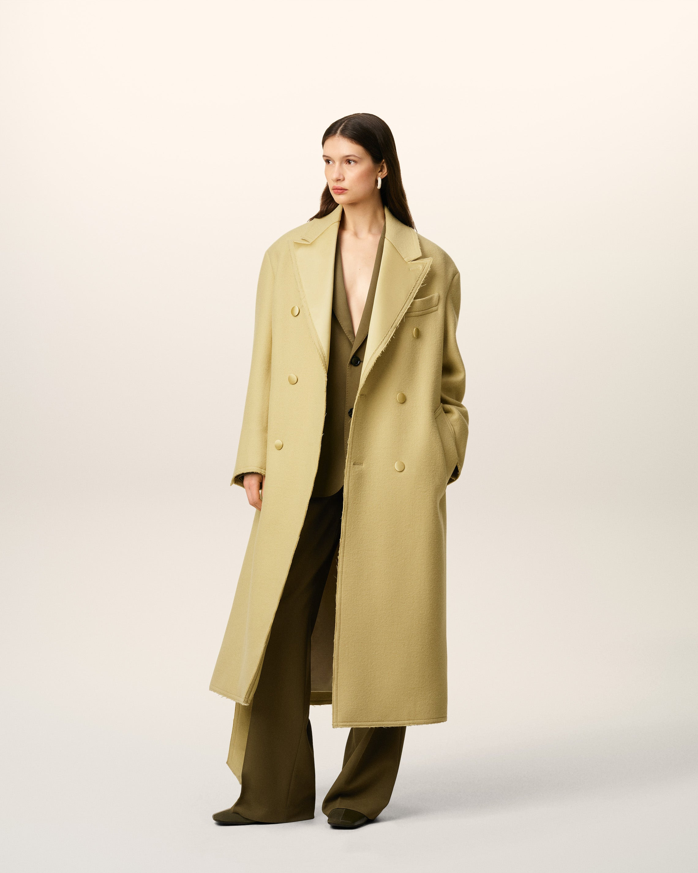 GREEN WOOL DOUBLE BREASTED LONG COAT - 16
