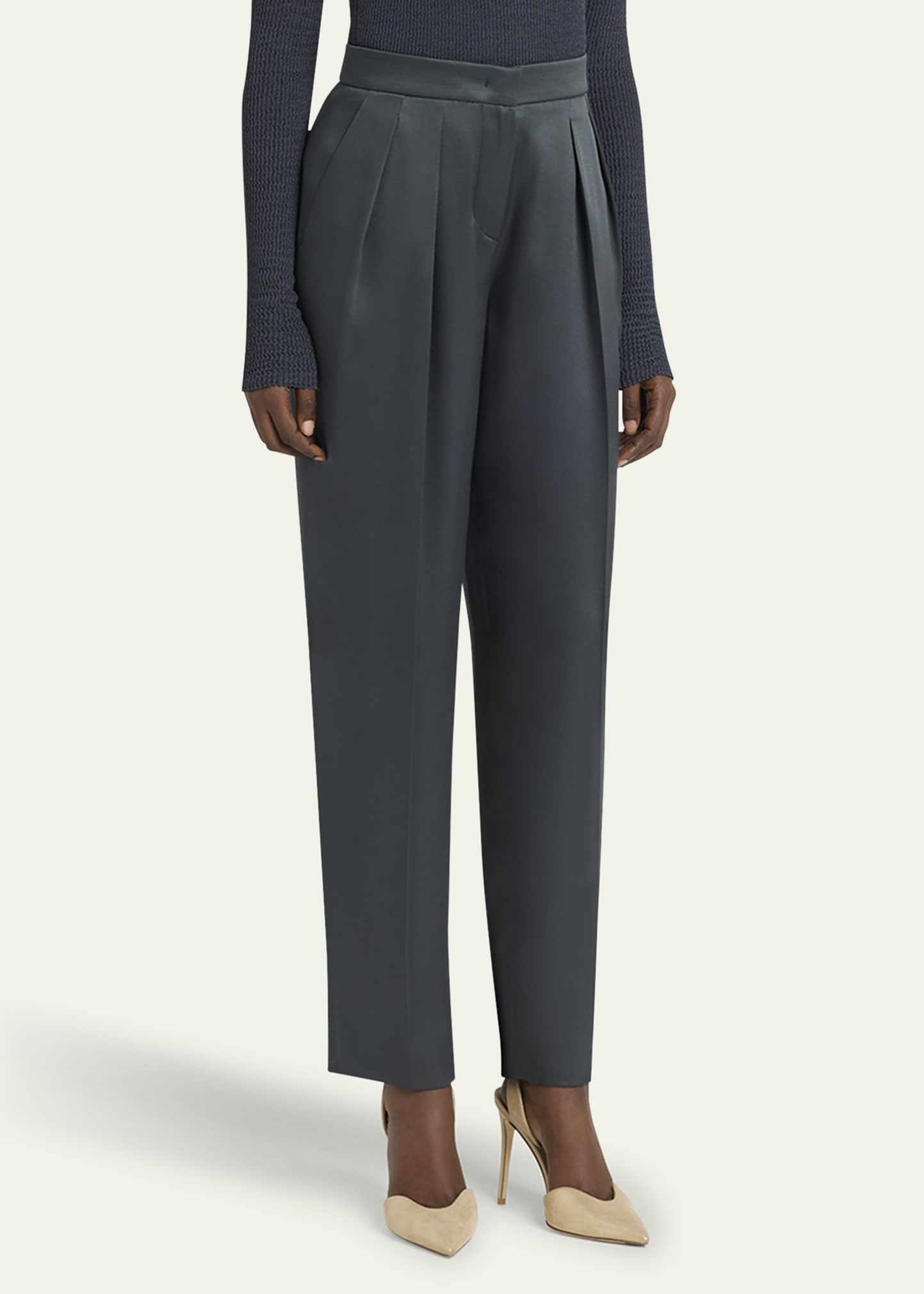 Silk Satin Pleated Straight-Leg Trousers - 4