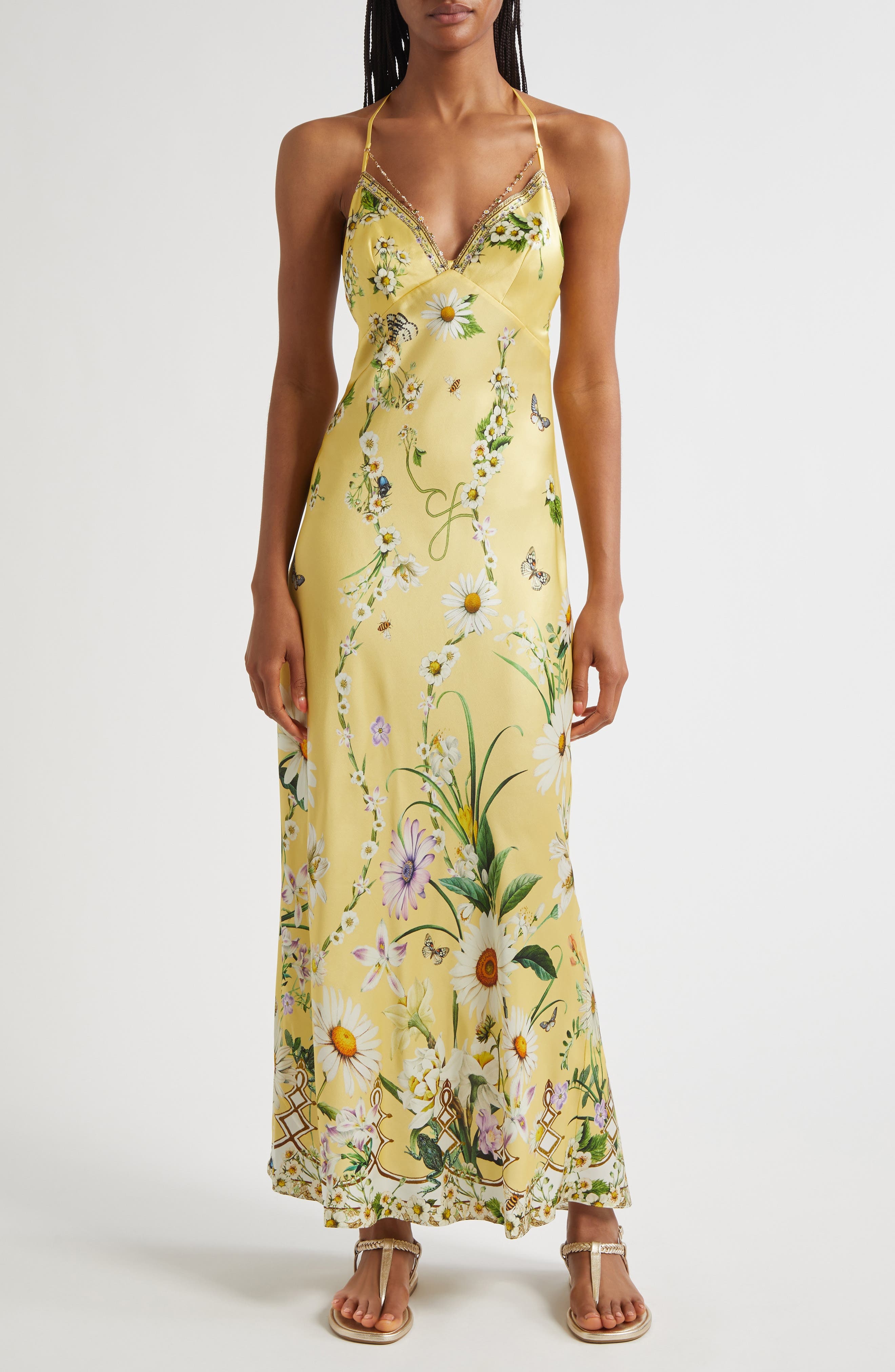 Camilla Chain Detail Bias Cut Silk Charmeuse Slipdress in Daisy Chains at Nordstrom - 1