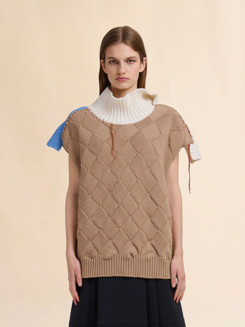 BROWN WOOL AND COTTON SWEATER IN MIXED KNITS - 2