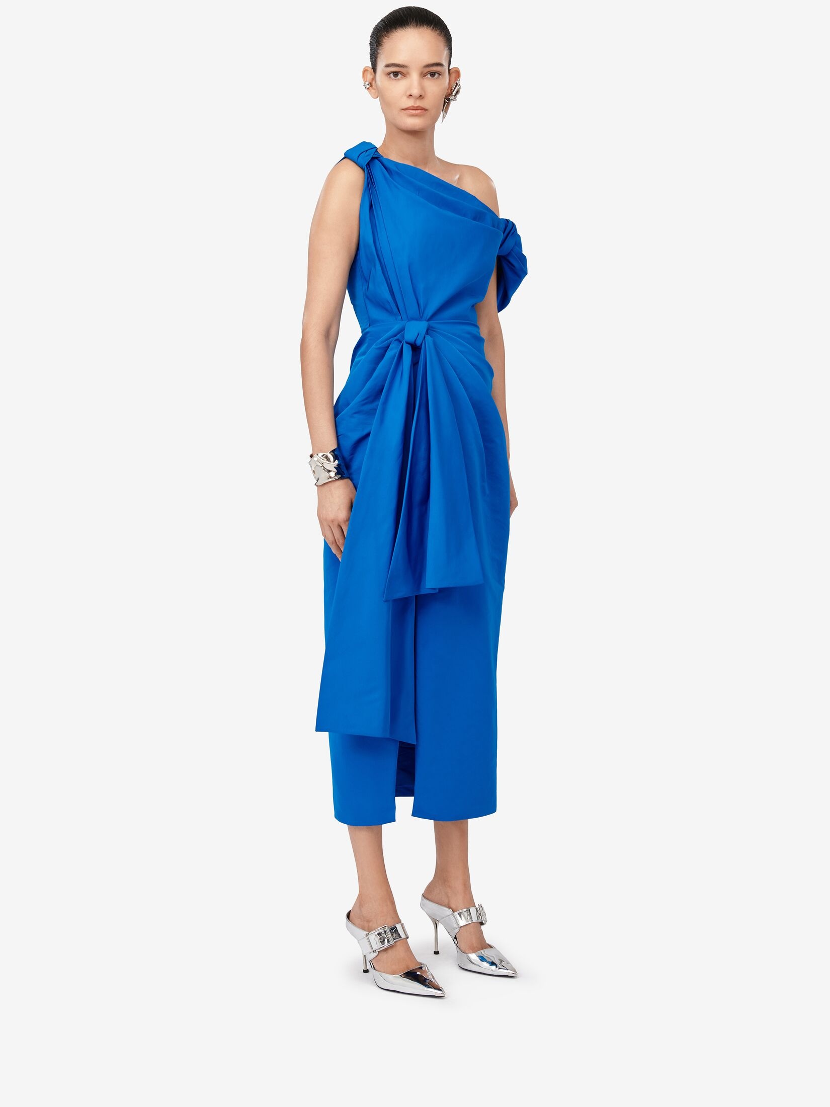 Women's Knotted Asymmetric Pencil Dress in Lapis Blue - 3