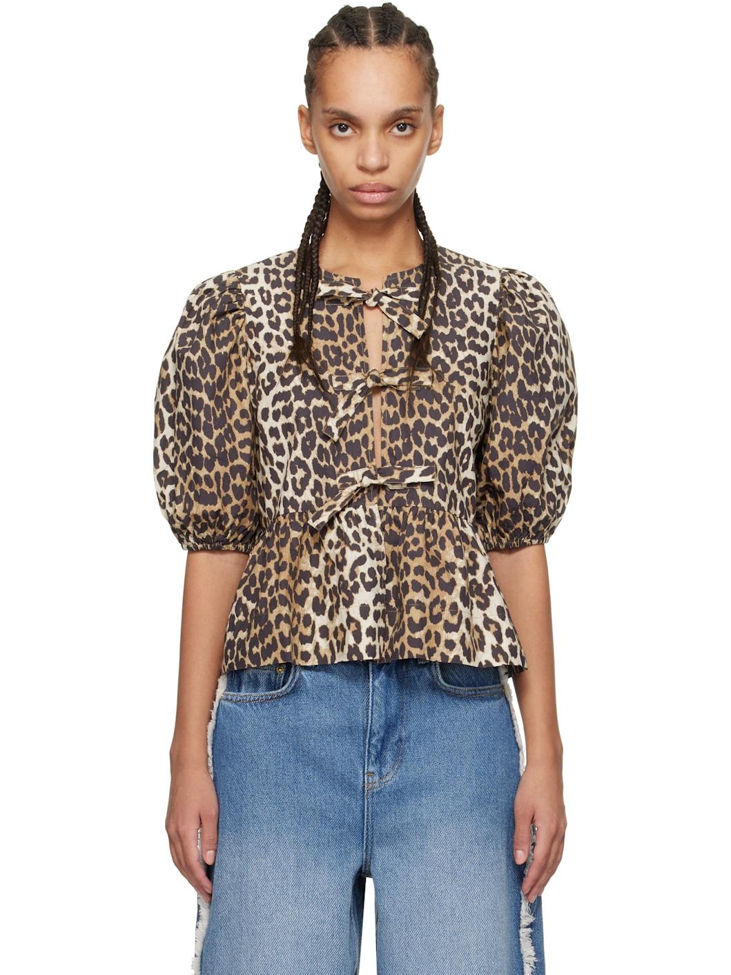 Brown Cotton Poplin Peplum Tie Blouse - 1