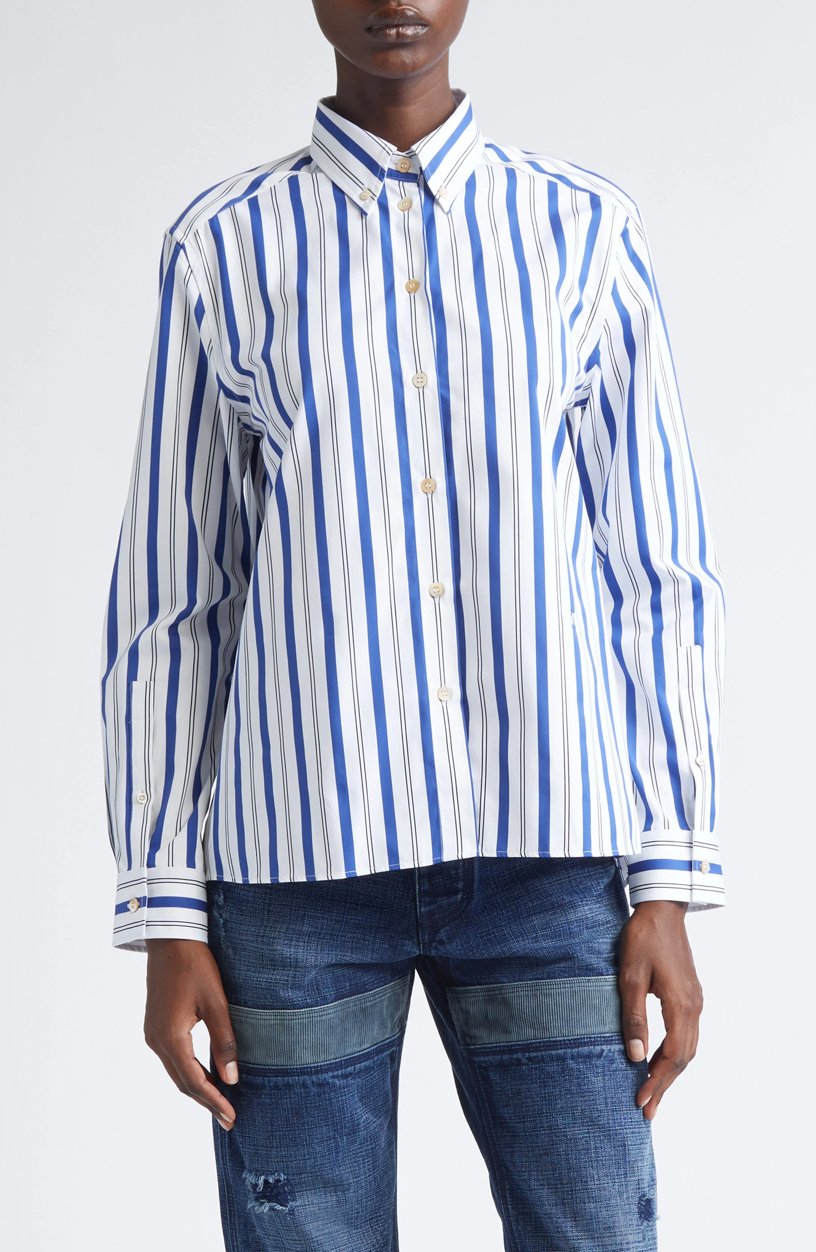 Wales Bonner Daylight Stripe Cotton Poplin Button-Down Shirt in White/Blue/Black at Nordstrom - 1