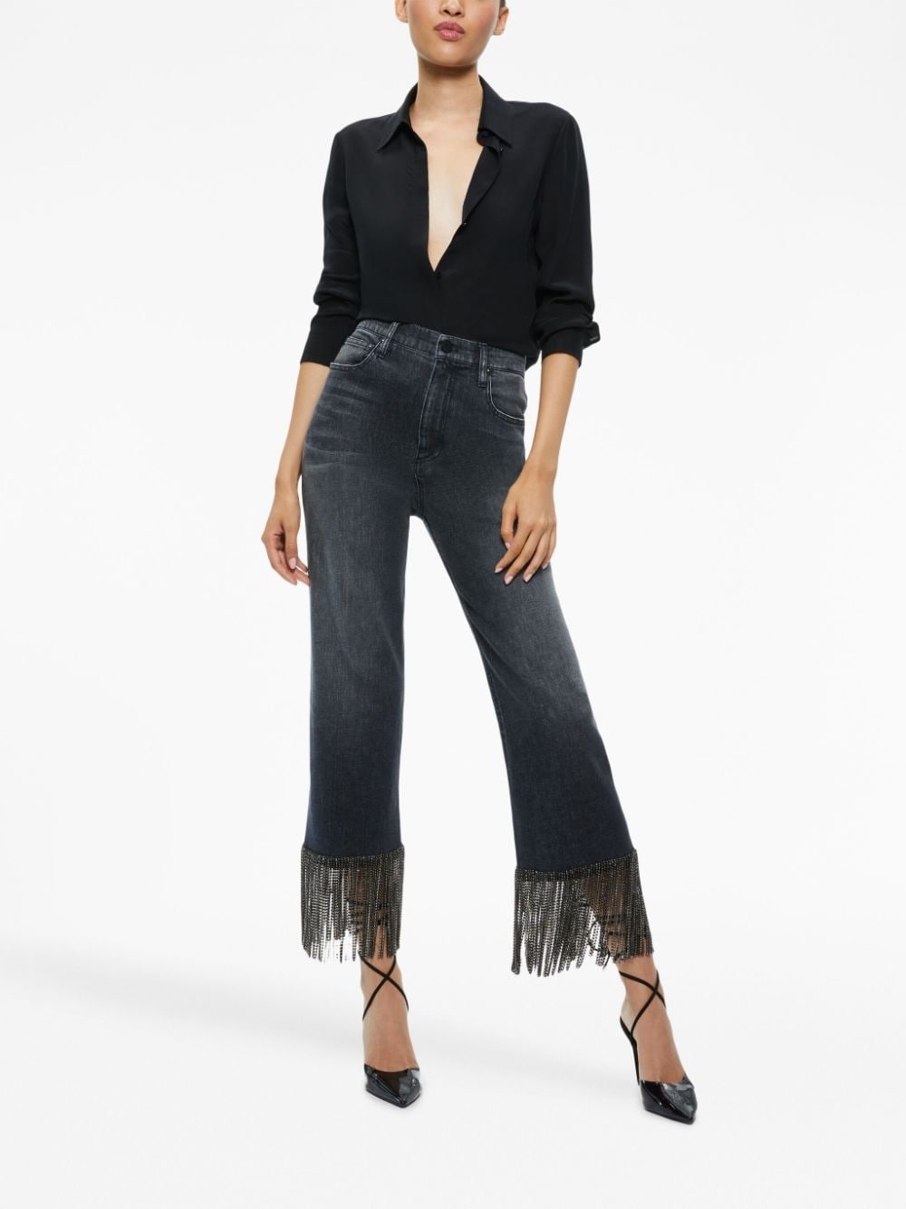 crystal-embellished fringed cropped jeans - 3