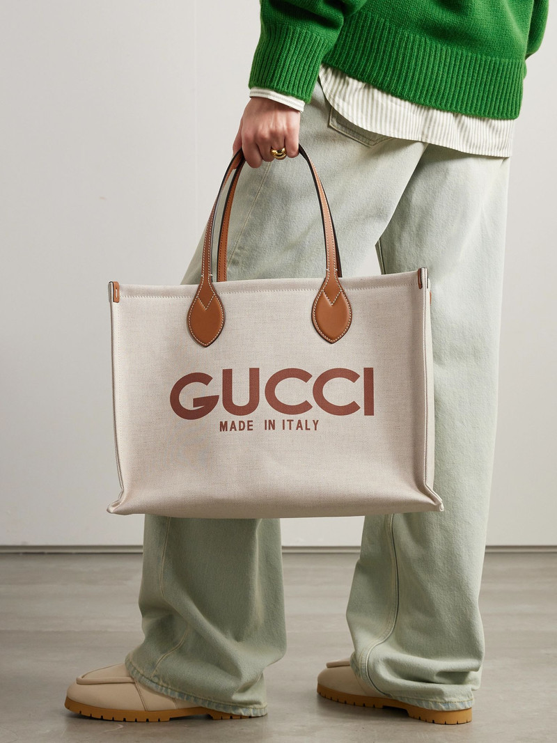GUCCI Leather-trimmed printed canvas tote Brown outlook