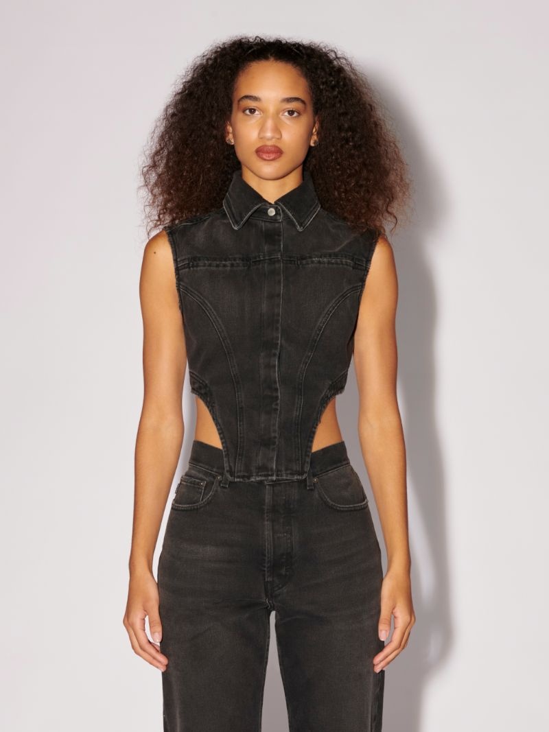 curved-hem denim top - 3