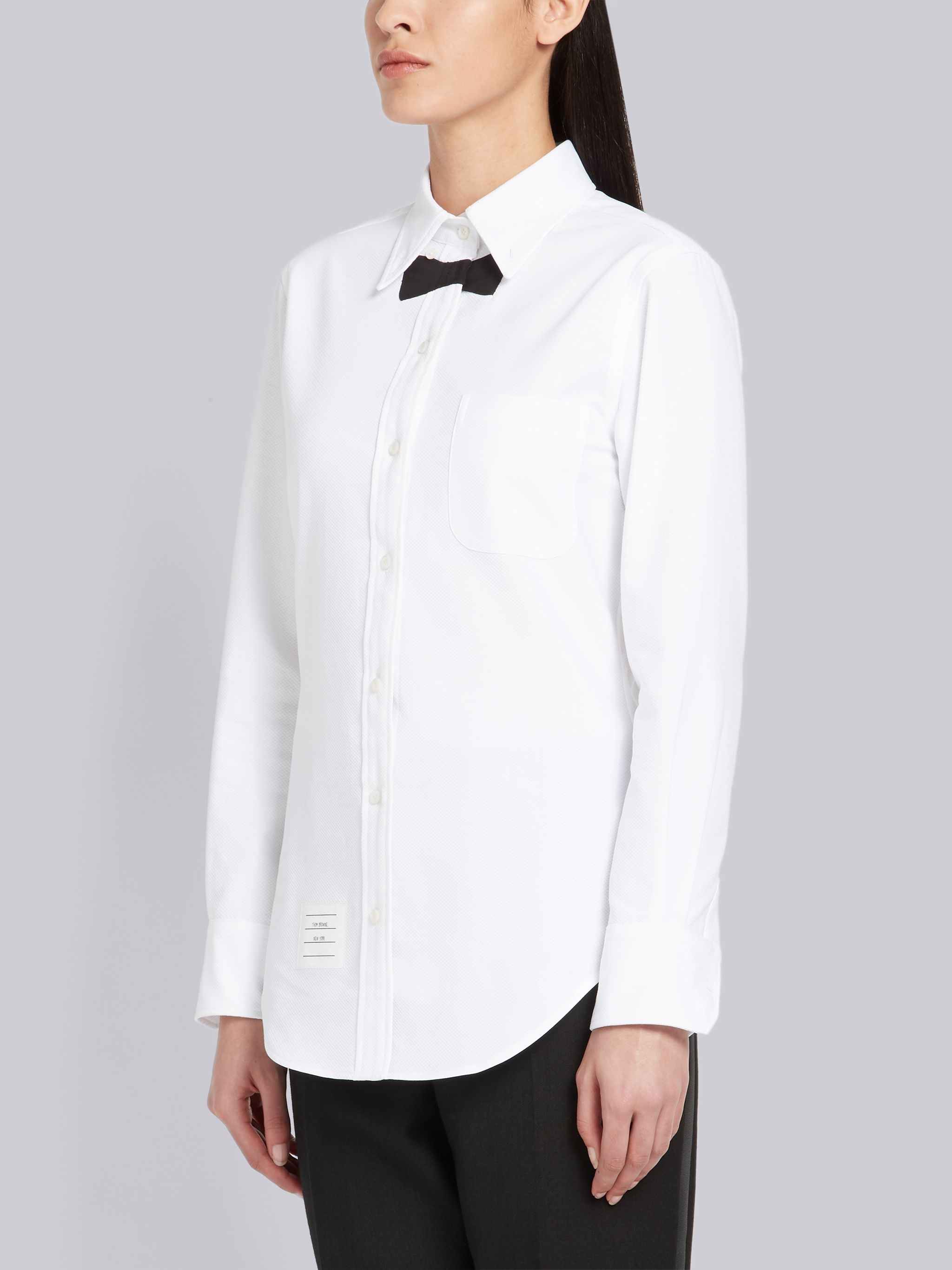 White Pique Trompe L'oeil Bow Tie Button Down Shirt - 2