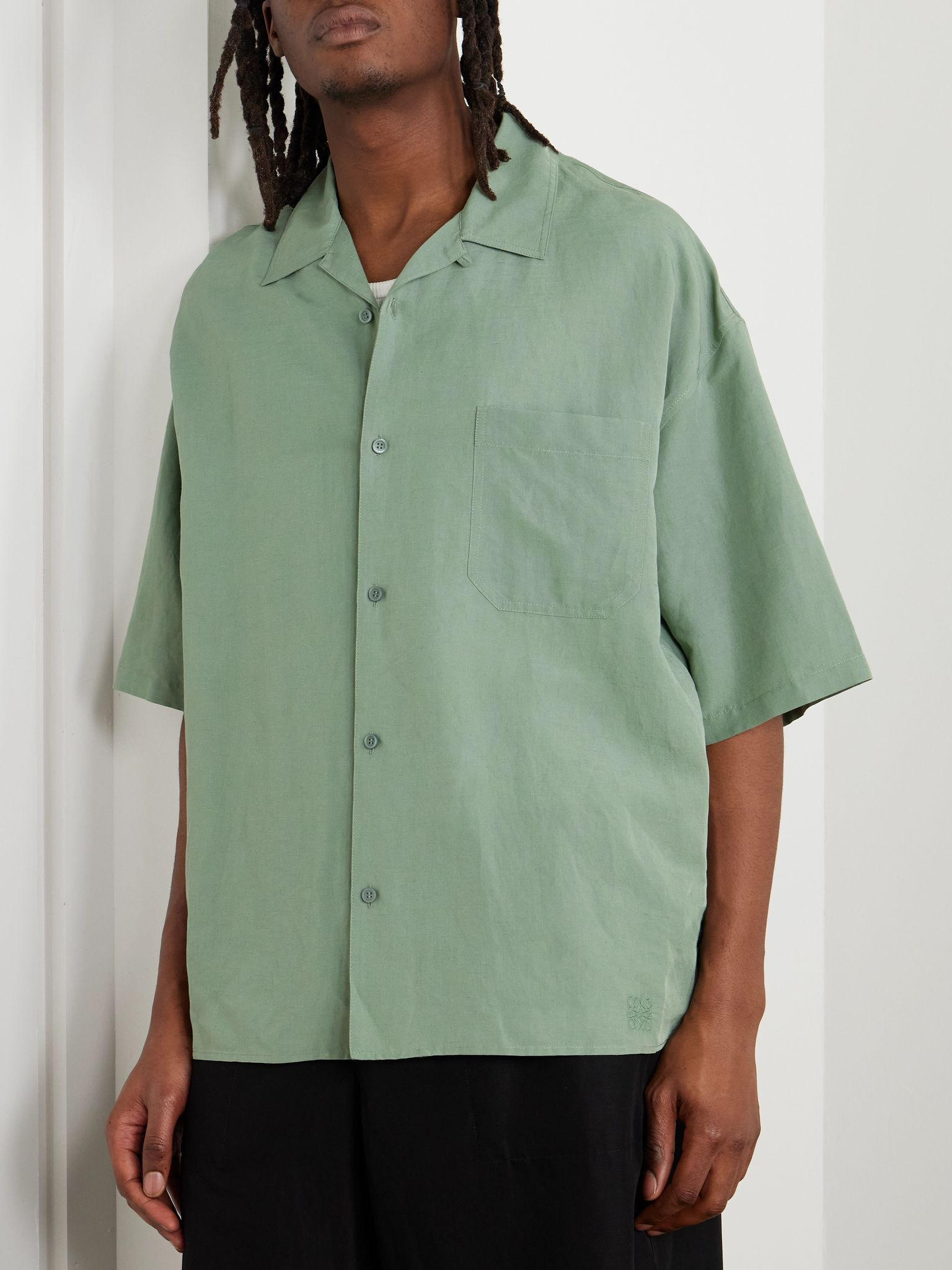 + Paula's Ibiza Oversized Convertible-Collar Logo-Embroidered Woven Shirt Green - 3
