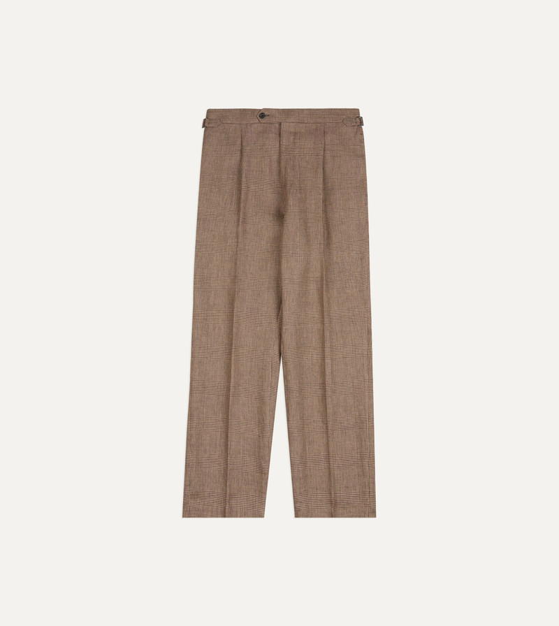 Brown Prince of Wales Check Linen Single Pleat Trouser - 1