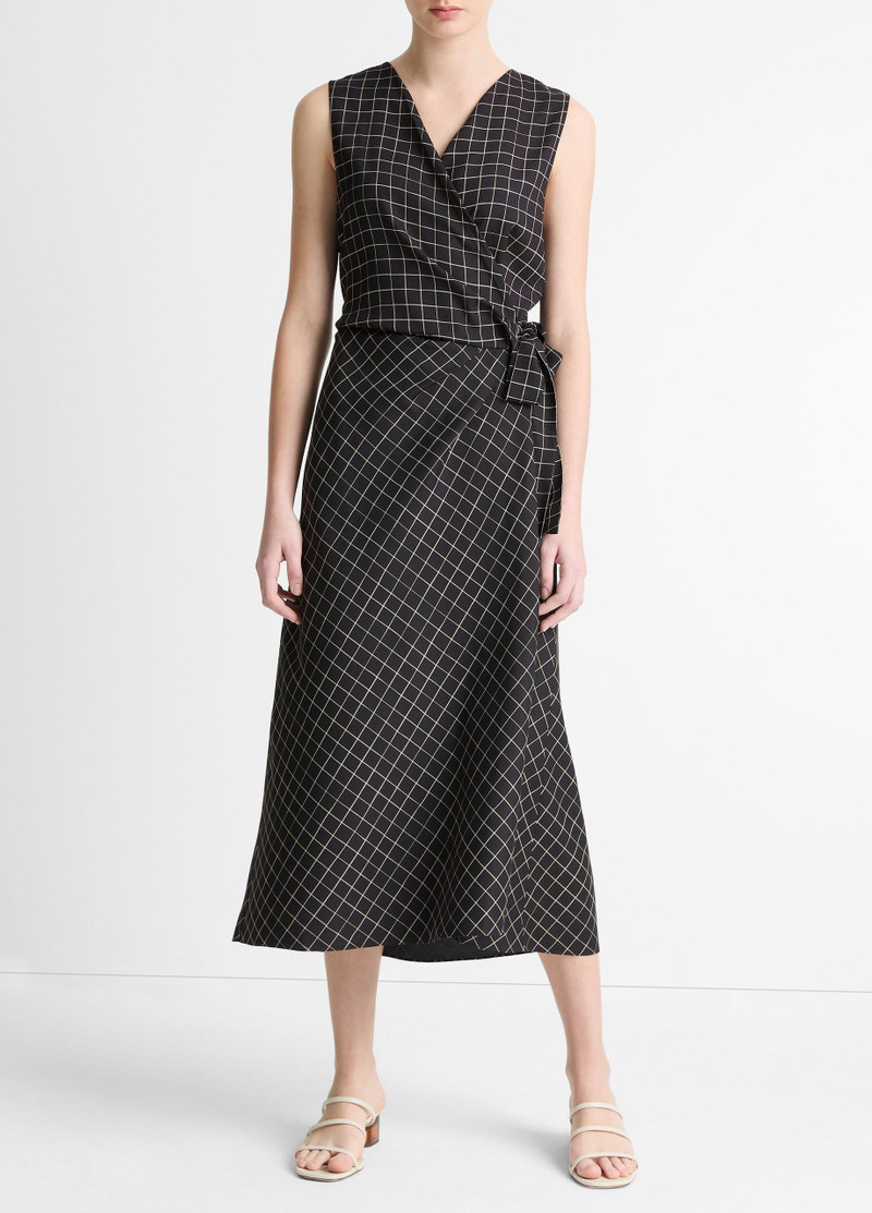 Trellis Plaid Draped Sleeveless Wrap Dress 1