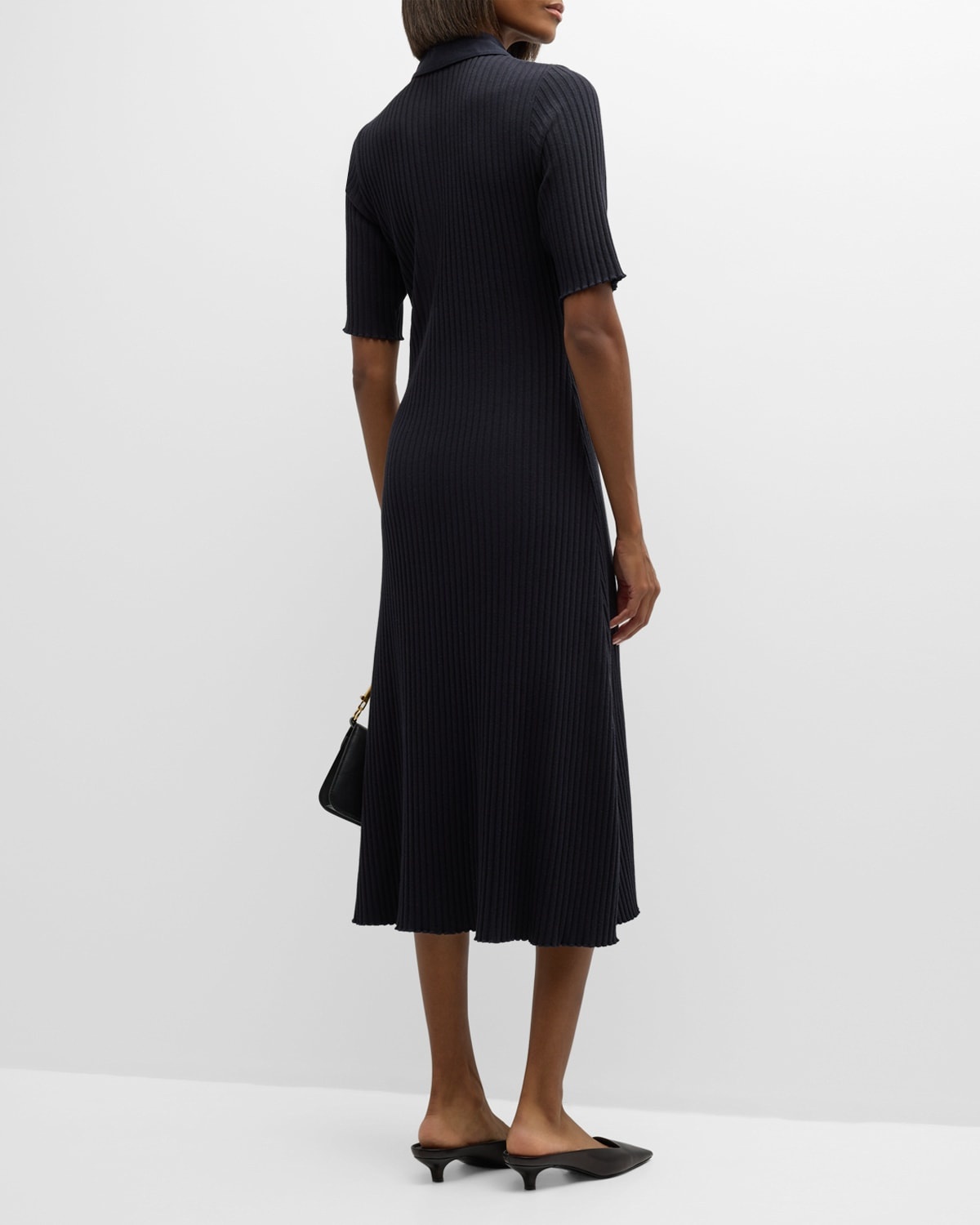 Ribbed Elbow-Sleeve Polo Midi Dress - 6